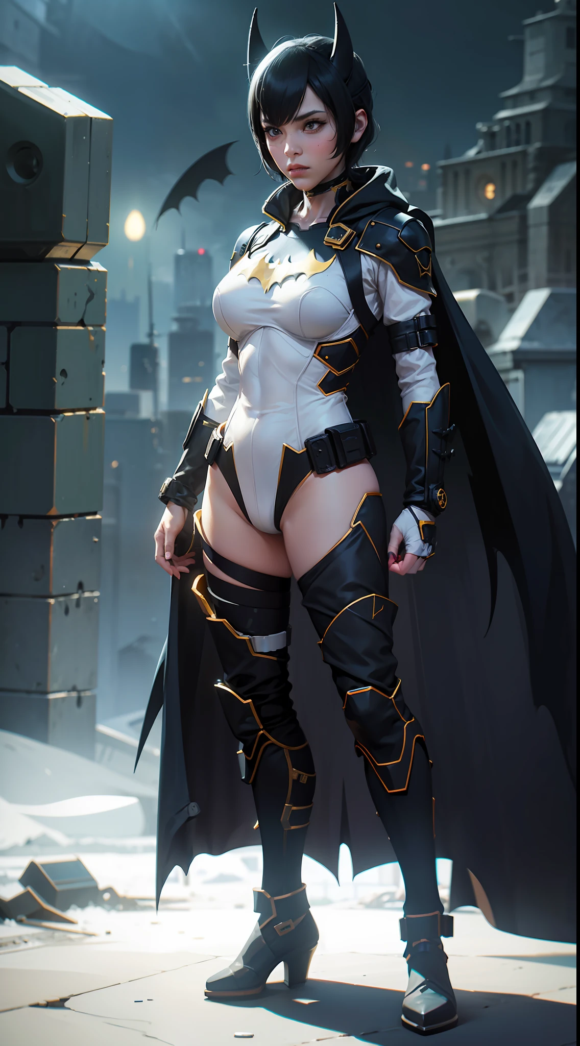 Female Batman, cute face, serious face, white batman armor, standing, post apocalytic dessert, night time, colorful background, UHD, side lighting, ultra realistic, ray tracing, full body must be shown