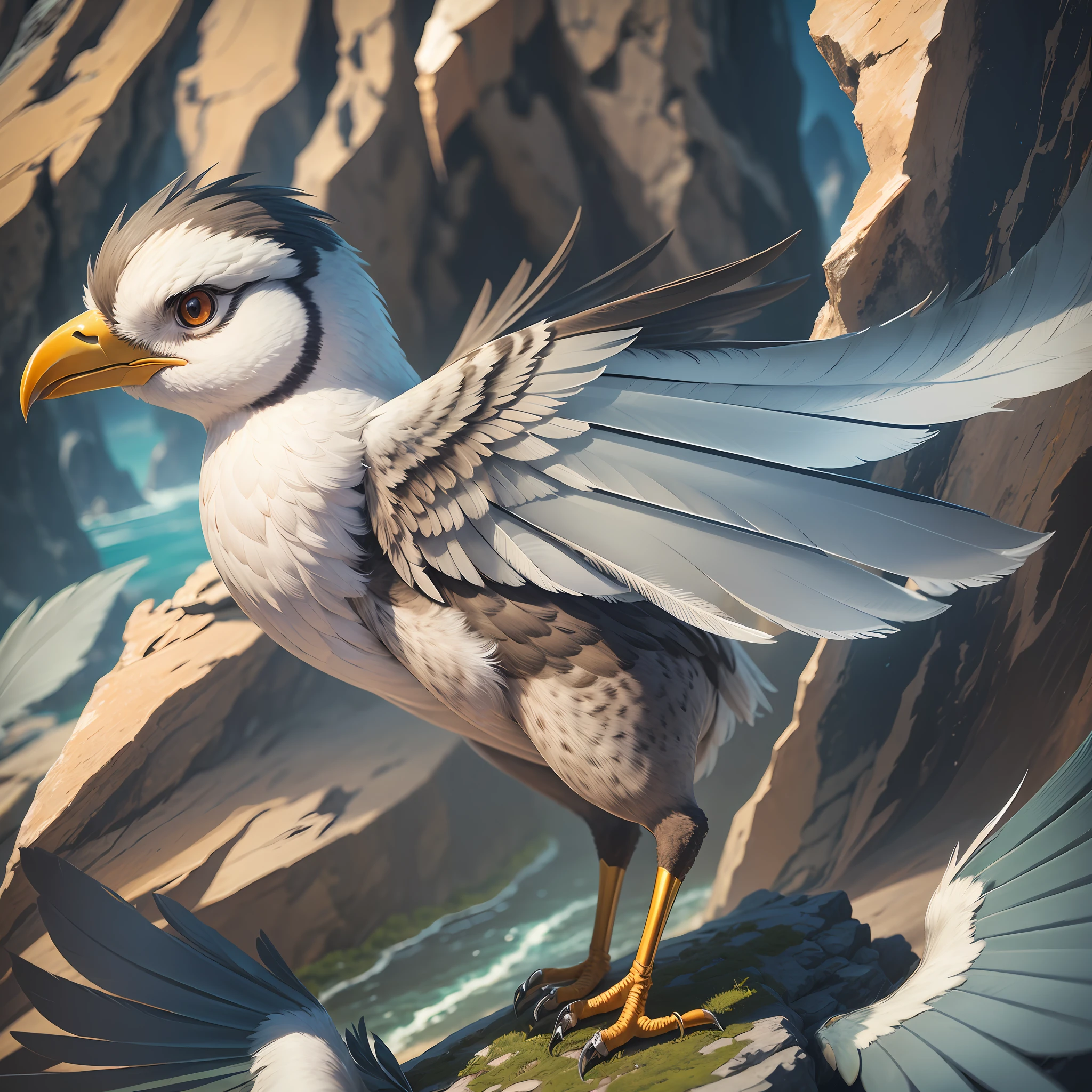 Realistic fantasy, detail, realism, computer clarity, 8kk, cliff, cliff, sky, wind (high ultra-clarity, detail of nature), on the edge of a cliff city (ultra-high detail of the city), (glass high-rise buildings), streets, many people, glass bridge over a cliff, birds (detailing the appearance of birds), (head, beak, wings, tail, paws), (detailing feathers), 1:1 --auto --s2