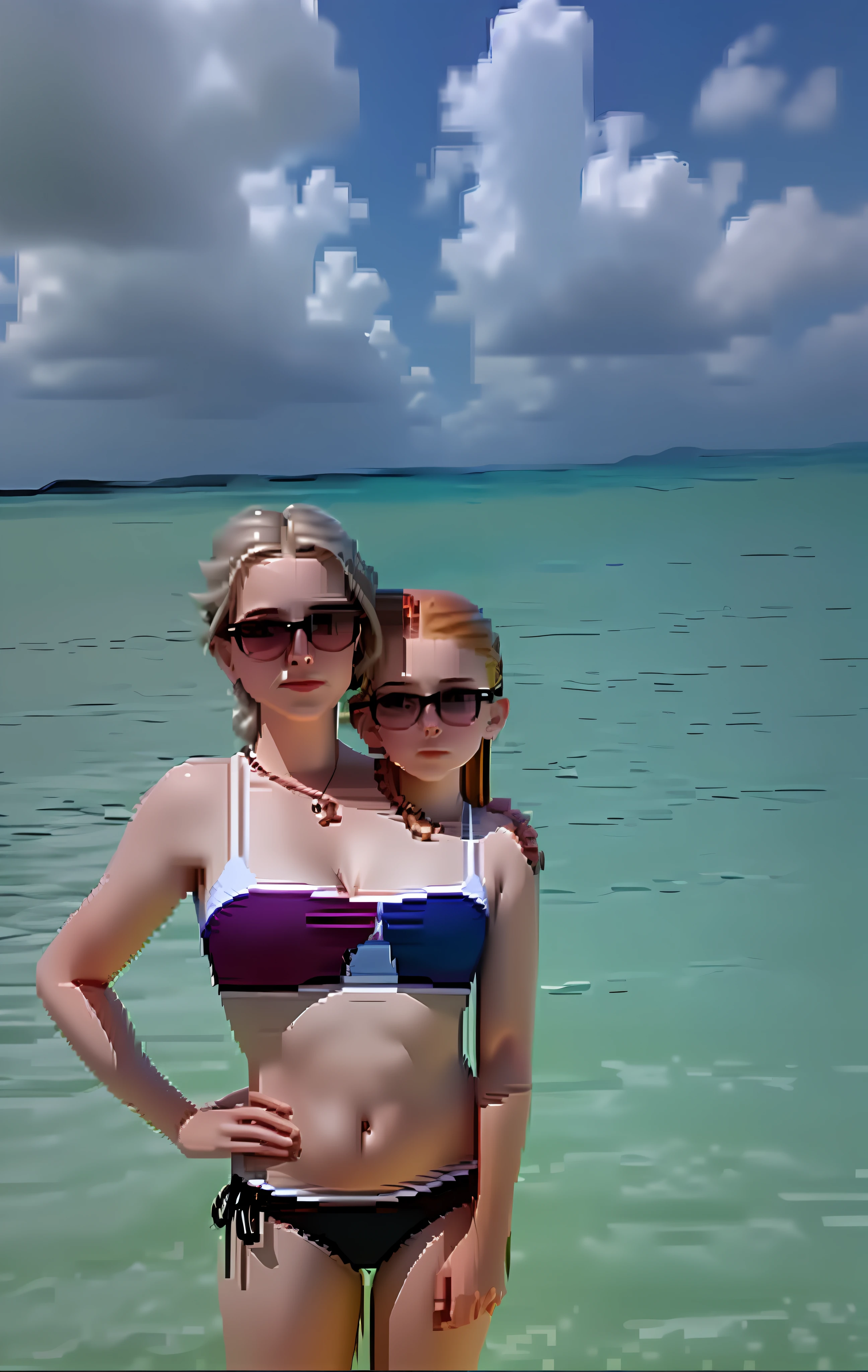 2heads, mom and daughter, (one head:1.5 child), (one head:1.5 young adult), white girls, different ages, (two heads on one body:1.5), conjoined twins, heads side by side, one torso, young, photorealistic, uncomfortable,