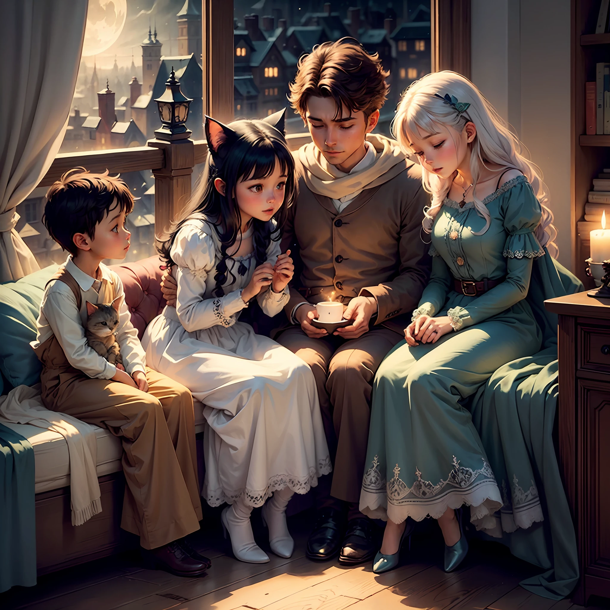 The cat brings people dreams, night, city, fairy tale atmosphere, soft colors, muted colors, as an illustration for a children's book, a fairy-tale illustration