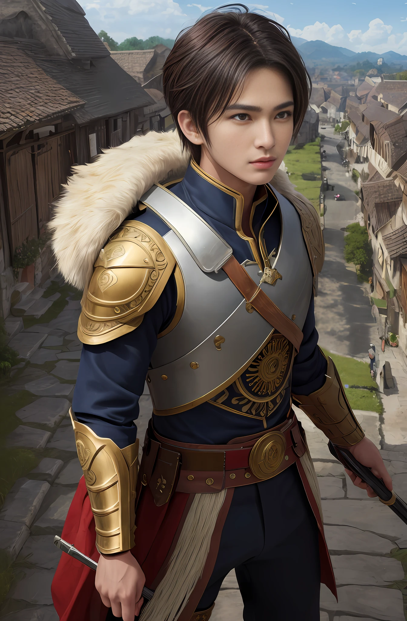 (16k, masterpiece, best quality), ultra-detailed, detailed beautiful round eyes, beautifully detailed face, high quality, high resolution, perfect anatomy, a male warrior, in the village, short hair, hero, village background, looking into the distance, action pose