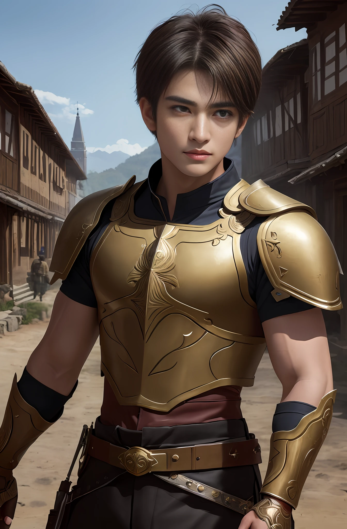 (16k, masterpiece, best quality), ultra-detailed, detailed beautiful round eyes, beautifully detailed face, high quality, high resolution, perfect anatomy, a male warrior, in the village, short hair, hero, village background, looking into the distance, action pose