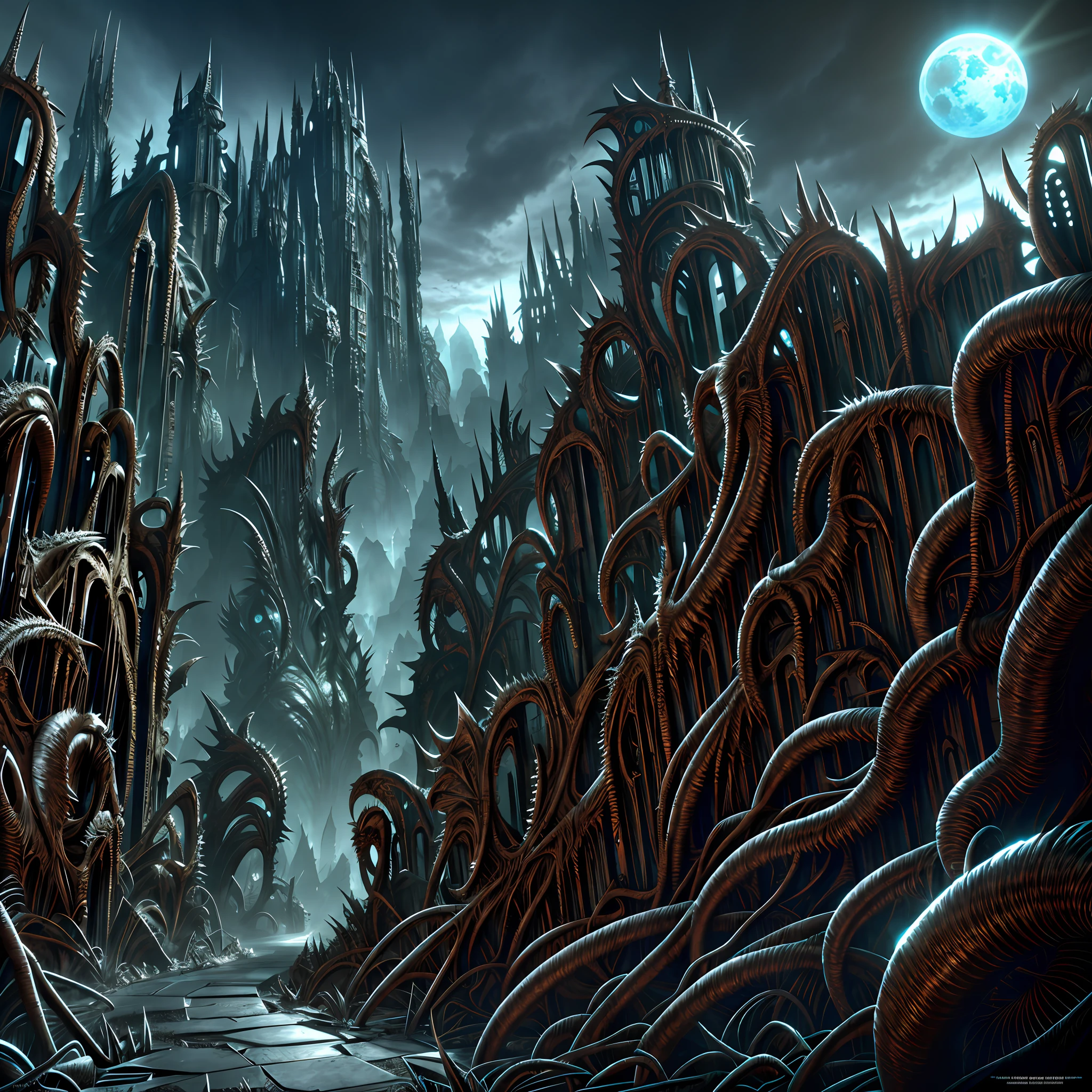 horror art landscape, intricated biomechanical creatures, monuments of evil creatures, dark valley, biomorphic beings from the 4th dimension, spiked walls, madness, artstation, uhd, unreal engine, line art drawing style.