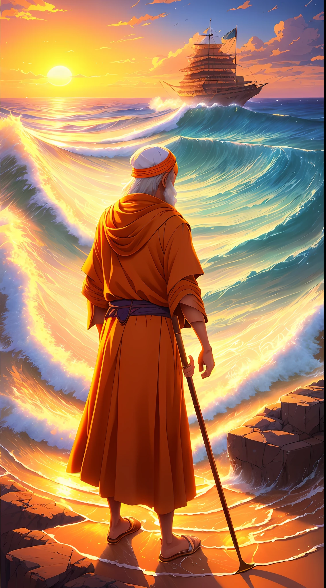 Painting Moses biblical character, old age 80 years, prophet clothes, with a staff, opening the sea, Makoto Shinkai Cyril Rolando, Makoto Shinkai. Digital rendering, masterpiece, best quality, (8k very detailed CG unit wallpaper) (best quality), (best illustration), (best shadow) golden waves, bright orange AOL sunset through the waves,