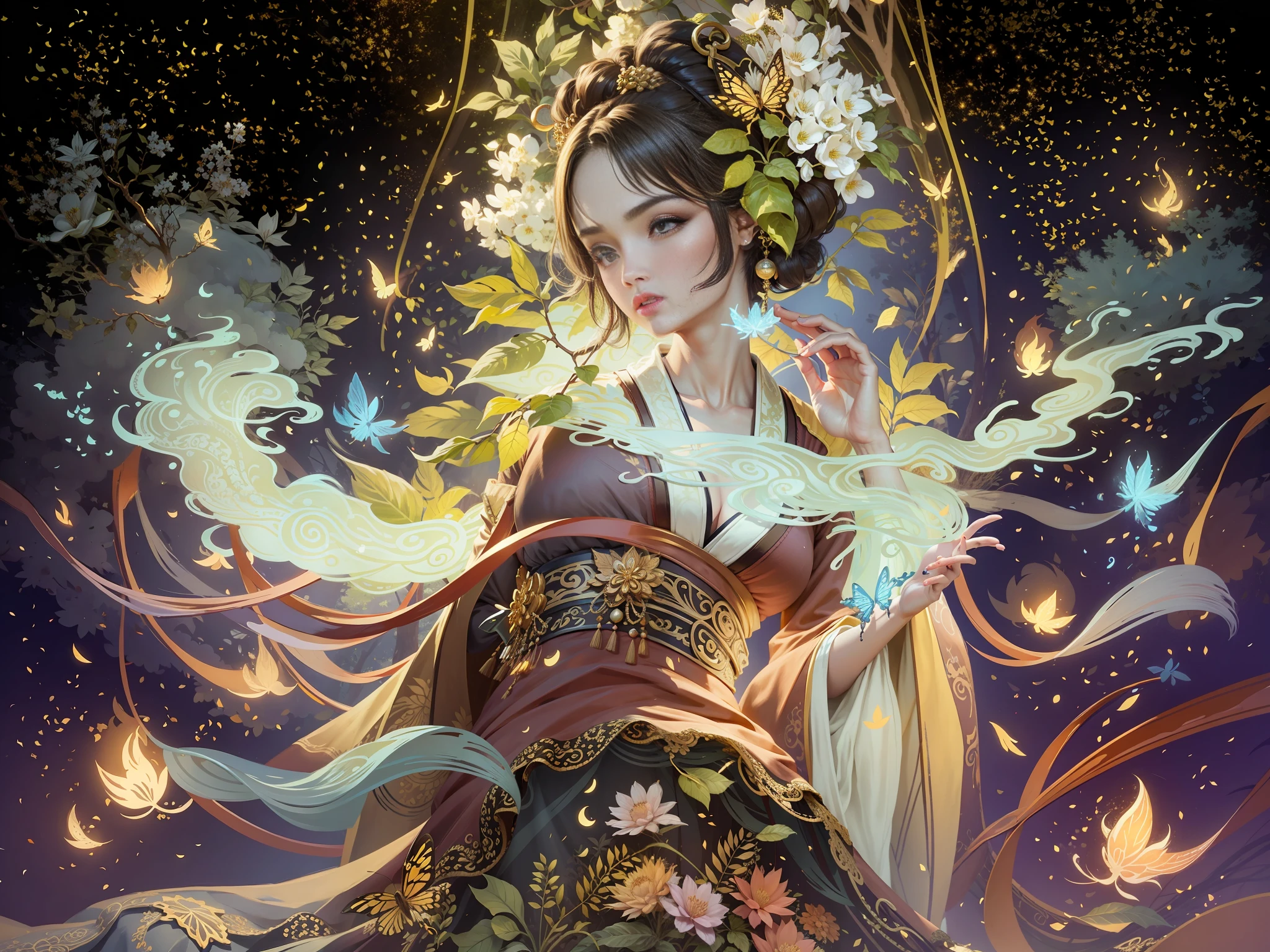 Masterpiece, best quality, a beautiful woman, ancient Chinese imperial robe, majestic domineering, curvaceous figure, phoenix eyes, phoenix feathers, sunshine, clear face, masterpiece, super detail, movie composition, ultra hd, high quality, extremely detailed, official art, uniform 8k wallpaper, super detail, (very detailed CG unity 8k wallpaper), (best quality), (best illustration), (best shadow), UI interface border design with natural elements forest theme. Avatar frame designed as round, surrounded by delicate leaves and branches, with fireflies and glowing particle effects, (UI interface box design), (natural elements), (jungle theme), (square), (leaves), (branches), (fireflies), butterflies, (delicate leaves), (glow), (particle effects), isometric 3D, Octane rendering, ray tracing, super detailed