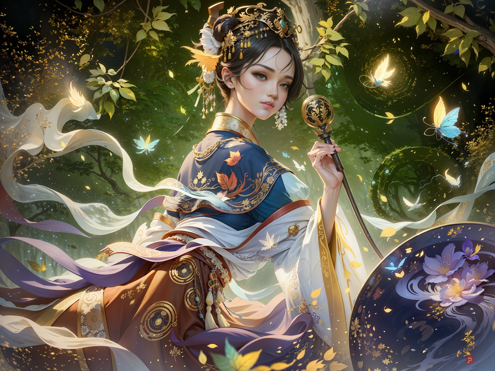 Masterpiece, best quality, a beautiful woman, ancient Chinese imperial robe, majestic domineering, curvaceous figure, phoenix eyes, phoenix feathers, sunshine, clear face, masterpiece, super detail, movie composition, ultra hd, high quality, extremely detailed, official art, uniform 8k wallpaper, super detail, (very detailed CG unity 8k wallpaper), (best quality), (best illustration), (best shadow), UI interface border design with natural elements forest theme. Avatar frame designed as round, surrounded by delicate leaves and branches, with fireflies and glowing particle effects, (UI interface box design), (natural elements), (jungle theme), (square), (leaves), (branches), (fireflies), butterflies, (delicate leaves), (glow), (particle effects), isometric 3D, Octane rendering, ray tracing, super detailed