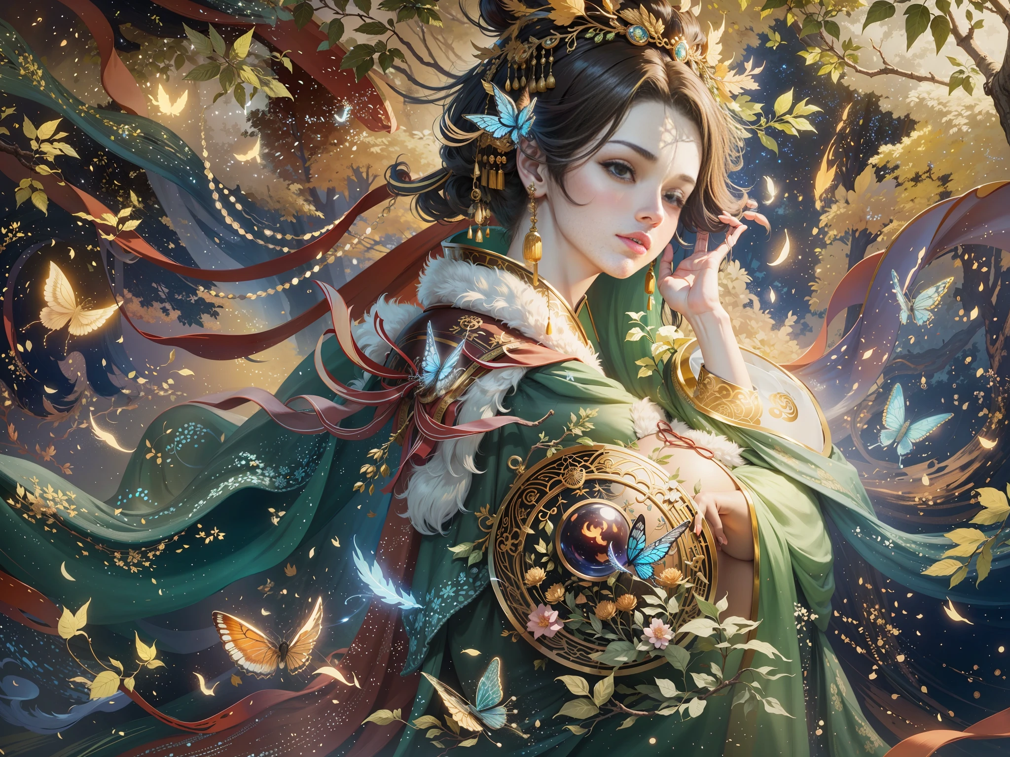 Masterpiece, best quality, a beautiful woman, ancient Chinese imperial robe, majestic domineering, curvaceous figure, phoenix eyes, phoenix feathers, sunshine, clear face, masterpiece, super detail, movie composition, ultra hd, high quality, extremely detailed, official art, uniform 8k wallpaper, super detail, (very detailed CG unity 8k wallpaper), (best quality), (best illustration), (best shadow), UI interface border design with natural elements forest theme. Avatar frame designed as round, surrounded by delicate leaves and branches, with fireflies and glowing particle effects, (UI interface box design), (natural elements), (jungle theme), (square), (leaves), (branches), (fireflies), butterflies, (delicate leaves), (glow), (particle effects), isometric 3D, Octane rendering, ray tracing, super detailed