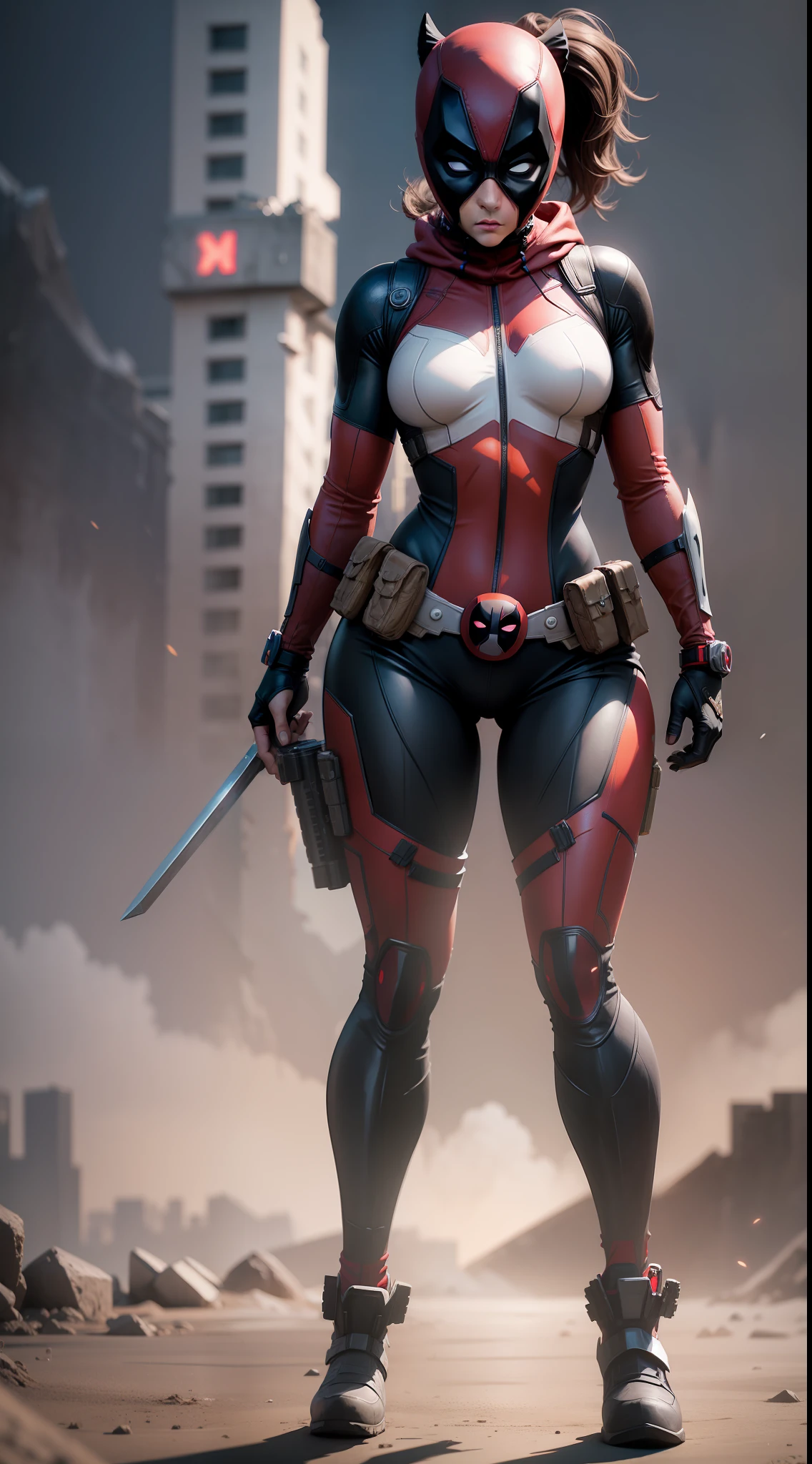 Female Deadpool, cute face, serious face, white batman armor, standing, post apocalytic dessert, night time, colorful background, UHD, side lighting, ultra realistic, ray tracing, full body must be shown