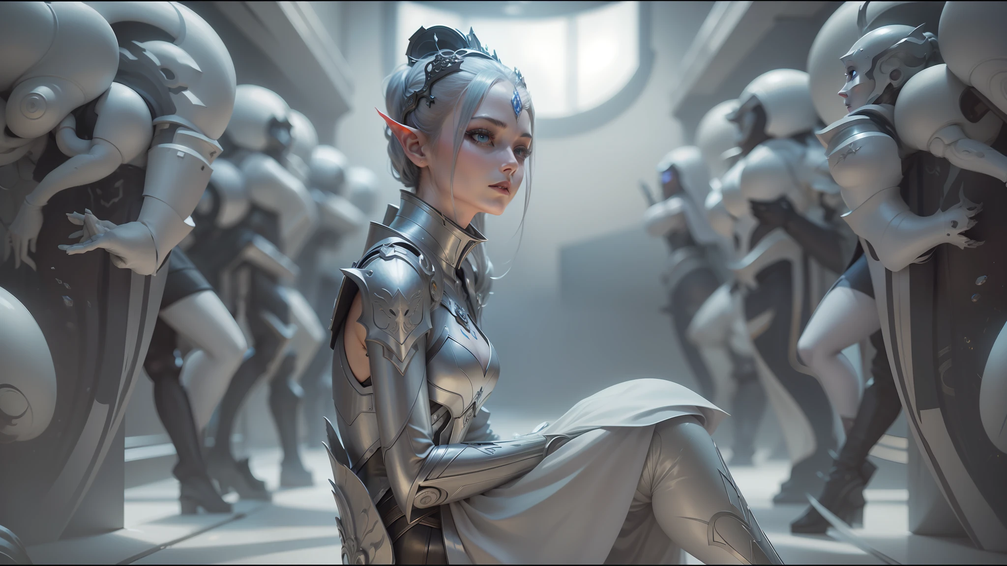 arafed woman in a silver outfit holding a gun in a hallway, cinematic effects vfx, jingna zhang, armor style of giger, rendering of beauty pageant, machine elves, still from a music video, painted todd lockwood, zenescope, by Wang Mian, syndicate(2012), nekro, by Konstantin Westchilov --ar 16:9 --auto --s2