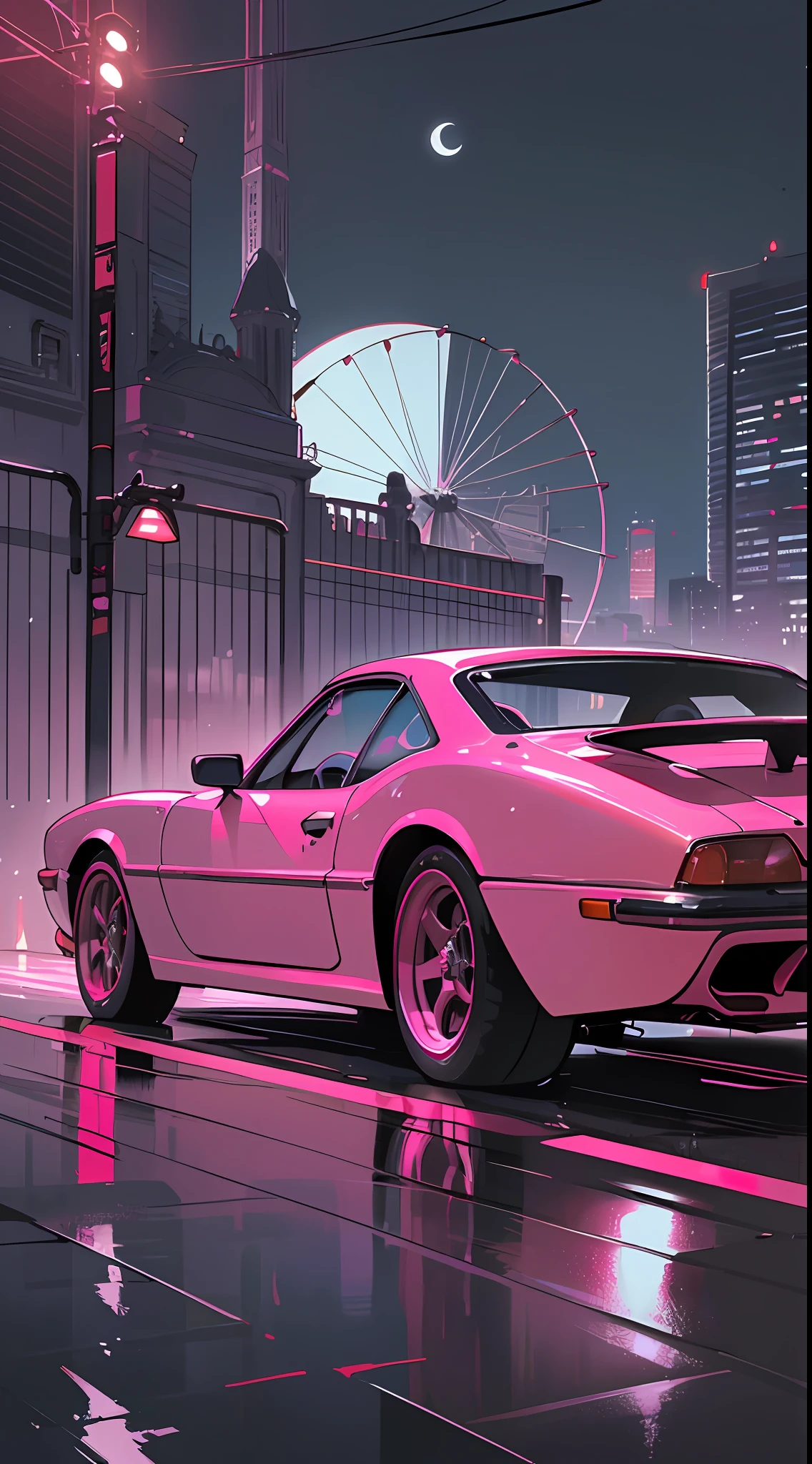 (masterpiece), (best quality), (best detail), (dynamic point of view, wide angle),(main color of illustration: metallic red), (secondary color: pink), a classic sports car70' wet (shiny chassis, wet), beautiful driver, city stage illuminated by neons, night (moon),shading (detailed, quality)
