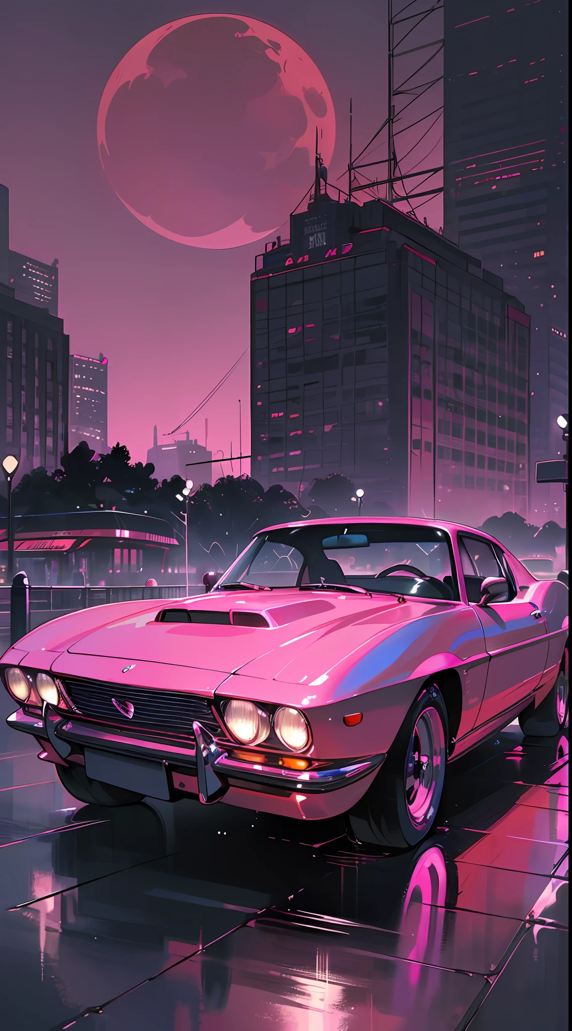 (masterpiece), (best quality), (best detail), (dynamic point of view, wide angle),(main color of illustration: metallic red), (secondary color: pink), a classic sports car70' wet (shiny chassis, wet), beautiful driver, city stage illuminated by neons, night (moon),shading (detailed, quality)