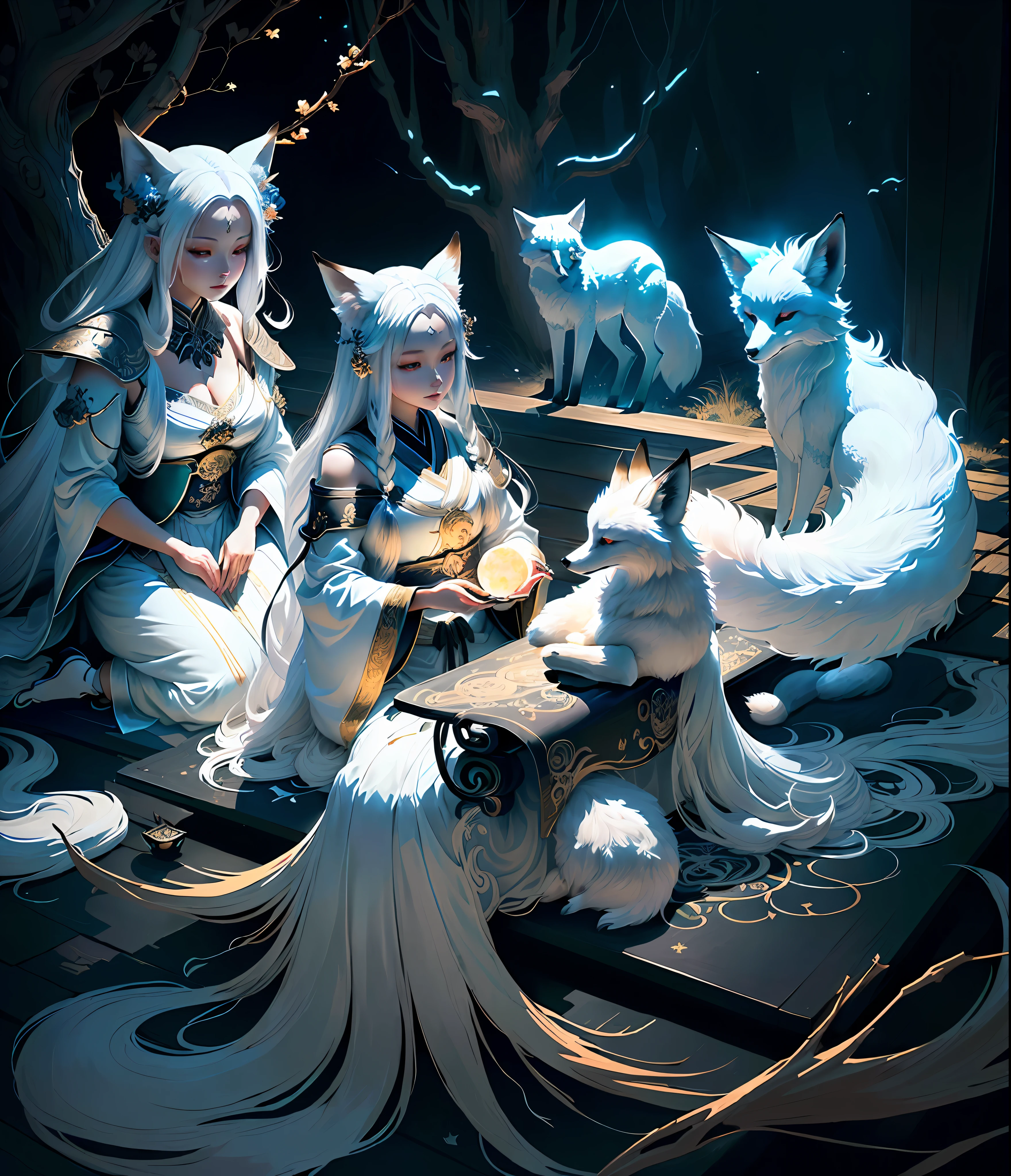 The background is a painting of a big moon, dreamy, a fox with white hair sitting on a branch under the stars, a thousand-year-old fox demon, an ethereal fox, a nine-tailed fox, Onmyoji detailed art, nine tails, beautiful artwork illustrations, mythical creatures, foxes, beautiful digital artwork, exquisite digital illustrations, mizutsune, inspired by mythical creature wildnet, digital art on pixiv, bright light, high contrast, horror movie theme, dark atmosphere