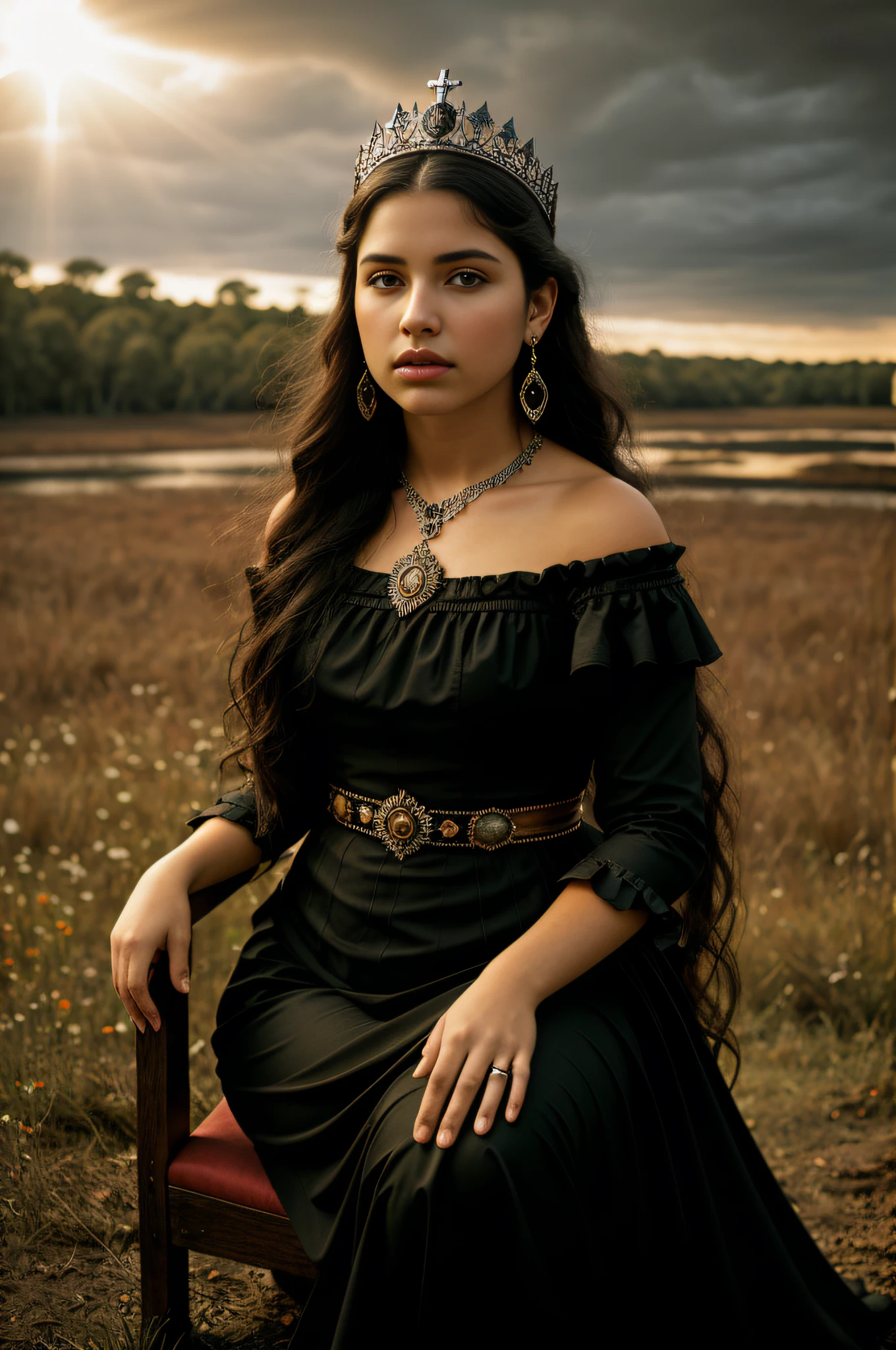 portrait of a beautiful woman, 17 years old. Of the white, Spanish skin, long on the shoulders black and smooth, fringe of Amazonian India, crown of princess, western eyes, color all black, fluffy turned, ((big cheeks)), sitting on a throne of Viking royalty, with a red dress of period in the middle ages, in an area where it has a Gothic church, hell and cemetery expensive would be (backlit),  realistic, masterpiece, high quality, brightness, shadow, flower, gothic, [[chromatic aberration]], by Jeremy Lipking, by Antonio J. Manzanedo, digital painting, Spanish, 8k uhd,, forest, stones on the bank, river, wood, smoke, shadows, contrast, dark sky, style , (warm hue, warm tone