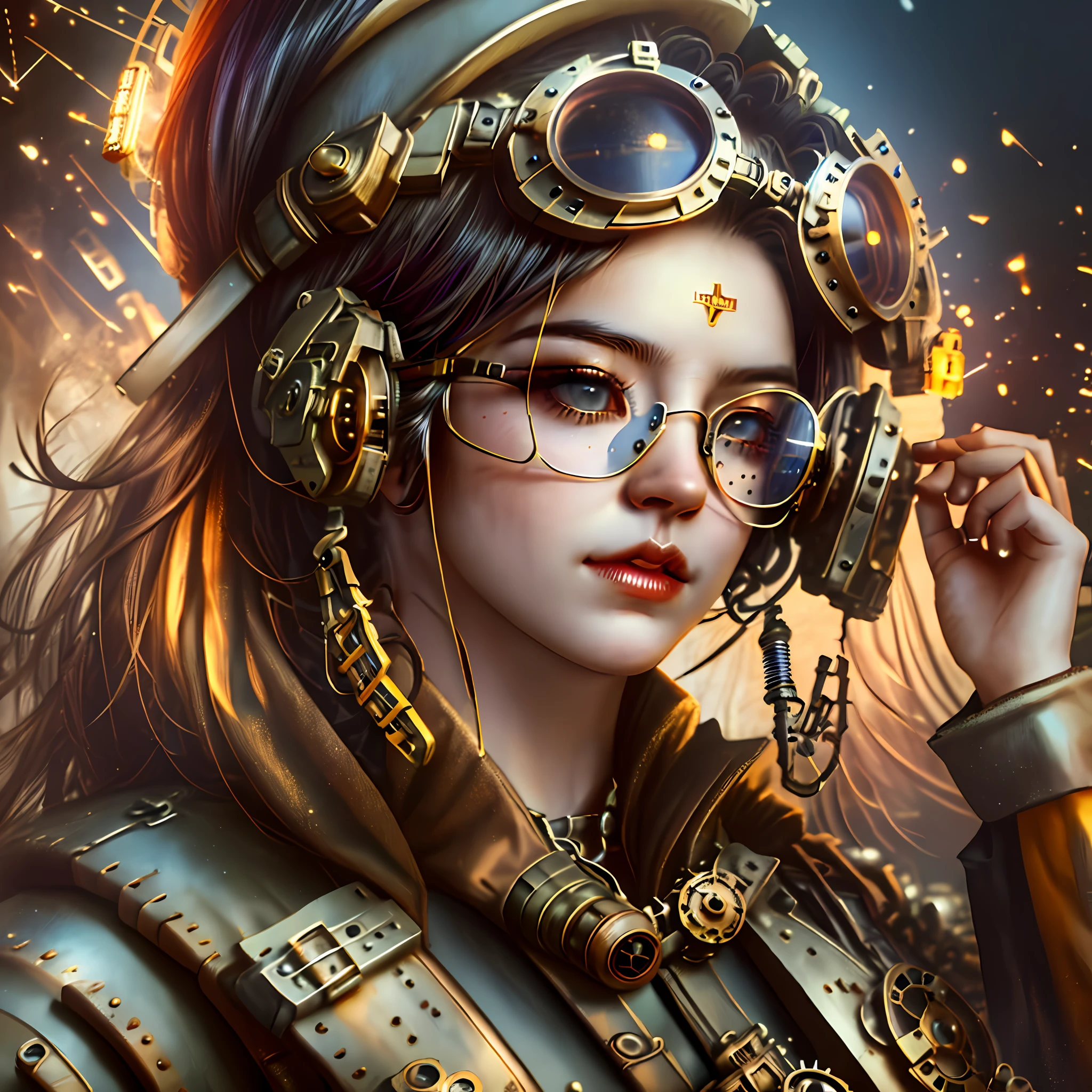 a close up of a woman wearing a steam - punk outfit and goggles, wearing steampunk attire, steampunk girl, steampunk cyberpunk, cyber steampunk, cybersteampunk, steampunk aesthetic, steam punk, portrait of a mechanical girl, steampunk inventor girl, steam-punk, steampunk googles, steampunk tech, steampunk era, steampunc, solarpunk human, colorful sci-fi steampunk