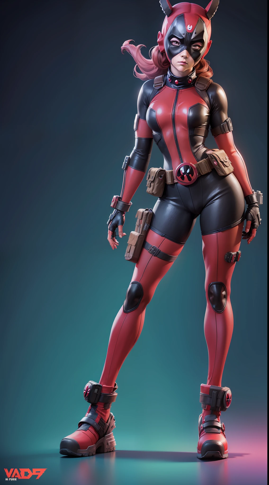 Female Deadpool, cute face, serious face, deadpool costume, standing, post apocalytic dessert, night time, colorful background, UHD, side lighting, ultra realistic, ray tracing, full body must be shown