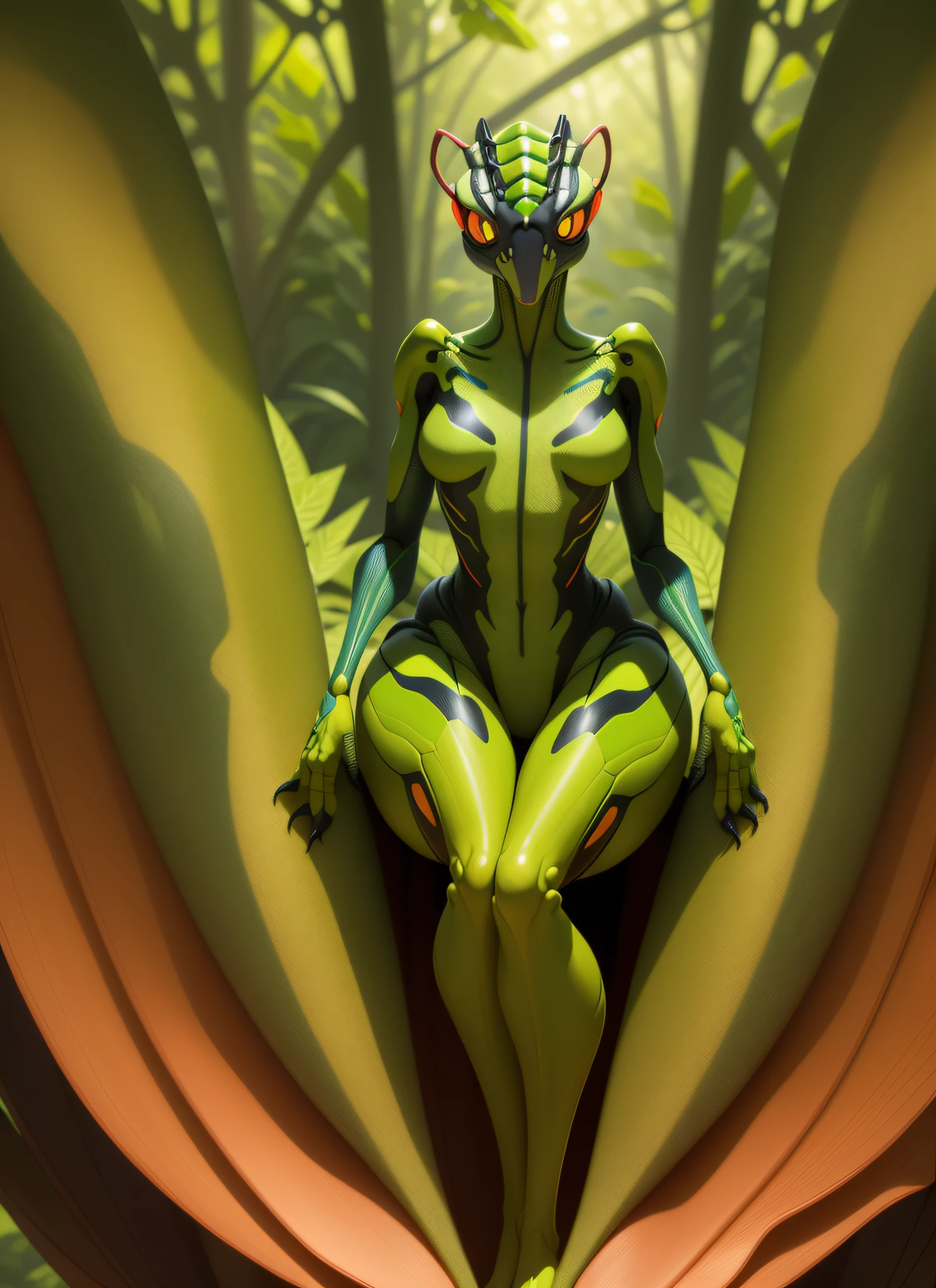 solo mantis girl with finely detailed 4 thicc legs in a vividly colored forest, depicted in a jaw-dropping, hyper-detailed 8k illustration of the highest quality. Be sure to give particular attention to the details of her hands, making them exquisitely detailed.