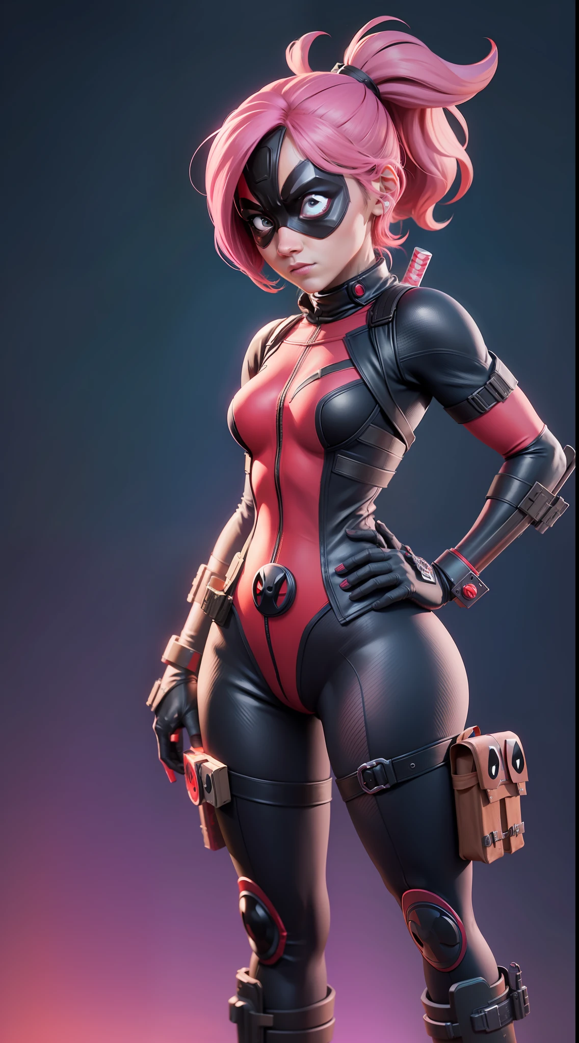 Female Deadpool, cute face, serious face, deadpool costume, standing, post apocalytic dessert, night time, colorful background, UHD, side lighting, ultra realistic, ray tracing, full body must be shown