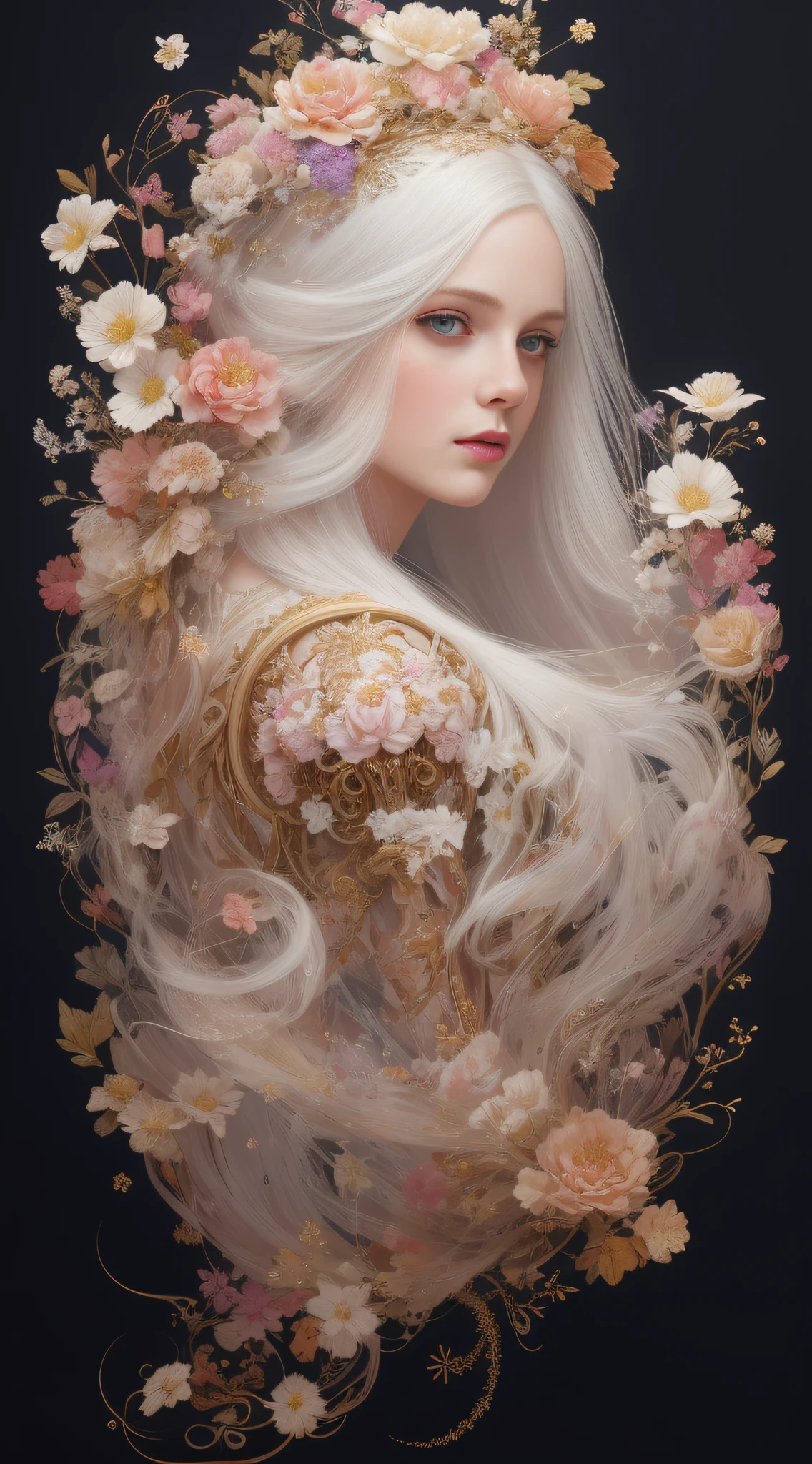(Skeleton Image: 0.4), (Pretty Princess), (Long Flowing White Hair), (Bright and Beautiful Eyes), Art Station Trend, Flowers of Hope by Jean-Honor Fragonard, Peter Mohrbacher, Super Detailed, Crazy Detail, Amazing, Complex, Elite, Art Nouveau, Gorgeous, Liquid Wax, Elegant, Luxurious, Greg Rutkowski, Ink Style, stickers, beautiful characters in Vector Art design, double exposure shooting, luminous design, award-winning works, masterpieces, molded black background,