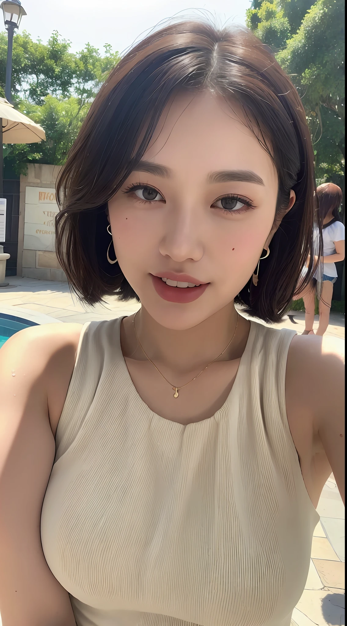 ((Best Quality, 8K, Masterpiece: 1.3, 1girl, Beautiful Girl, Ultra-detailed face and skin texture, Detailed Lips, Detailed Tongue, Dynamism)), Photorealistic, raw photo, natural lighting、( dark rust colored wavy short hair), big, toned abdomen, big round buttocks, double eyelids, dark gray eyes, moist lips, large earrings, simple necklace, moles around the eyes, (cream sleeveless pleated dress, theme park), smile, wet body: 2.0, wet hair: 2.0, wide open mouth, wet clothes, sheer