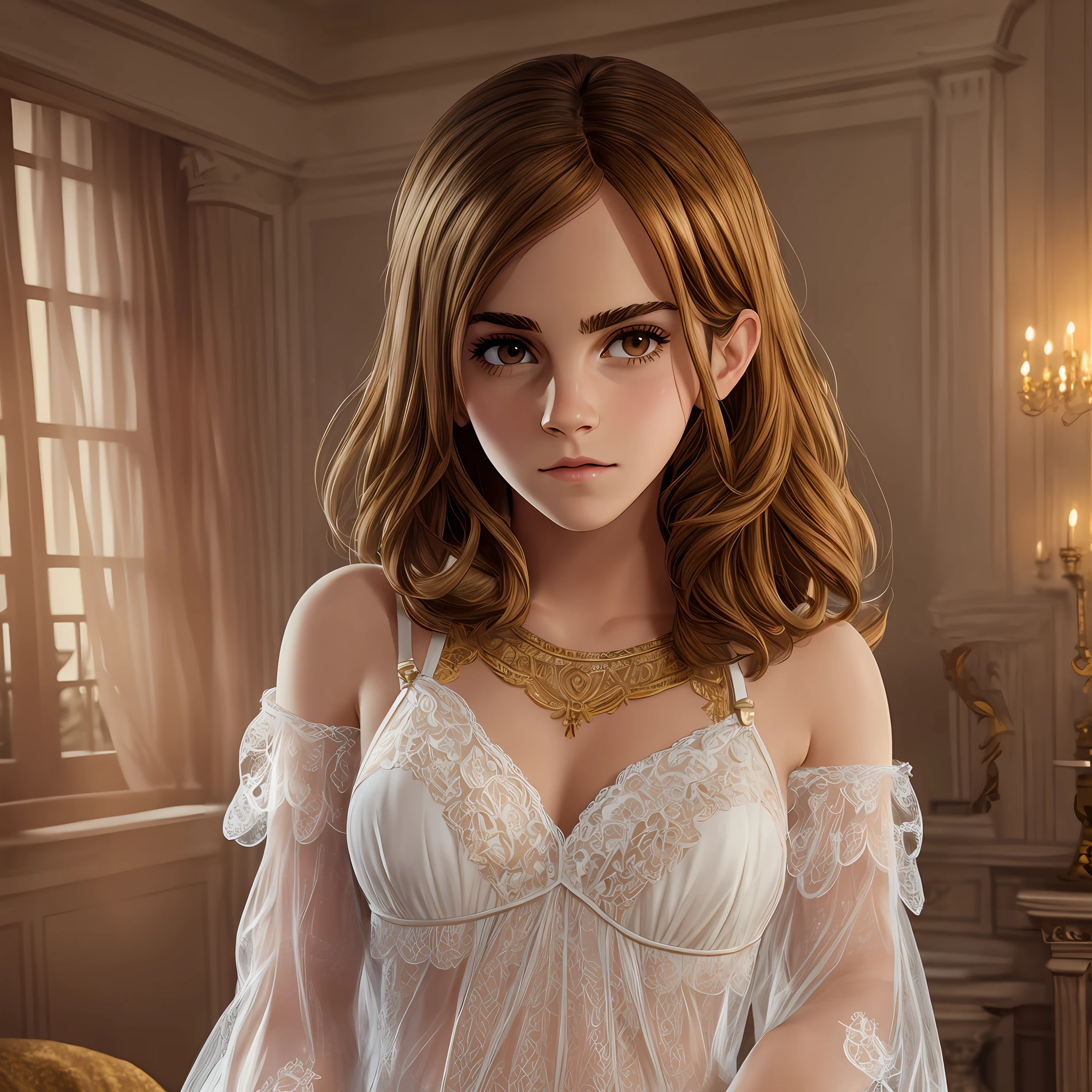 corrected hands, Emma Watson, 3D, brown eyes, wearing lingerie in her bedroom, gesturing pose, Hermione Granger, beautiful body, masterpiece, delicate features, lots of details, detailed face, detailed mouth, skin pores --auto --s2