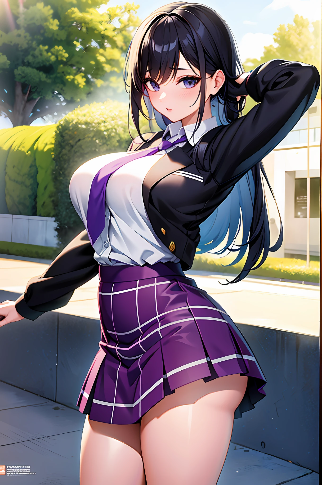 High school girl in white blouse and purple checked skirt, purple checked skirt, long black hair untied, pinched eyes, long lashes, well-styled and rather large breasts, white underwear and skirt rolled up, pose emphasizing big, naughty big, naughty thighs, naughty anime style, beautiful anime schoolgirl, surreal schoolgirl, surreal schoolgirl, seductive anime girls, realistic schoolgirls, big emphasis, naughty anime style, naughty thighs, naughty thighs, smooth anime cg art, surreal schoolgirl girls, seductive anime girls, lifelike schoolgirls, smooth anime CG art, anime girls, beautiful anime schoolgirls, beautiful anime girls, beautiful charming anime teenage girls, naughty anime style, photorealistic anime girl rendering, beautiful girl strangled from behind, beautiful girl strangled from behind,