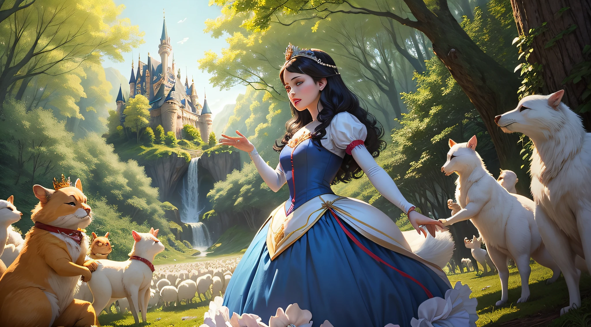 Snow White Disney Princess wearing a crown in the forest with many cute animals near her., dancing first-person view. Many flowers of various colors. A sunny day. with a fairytale castle in the background