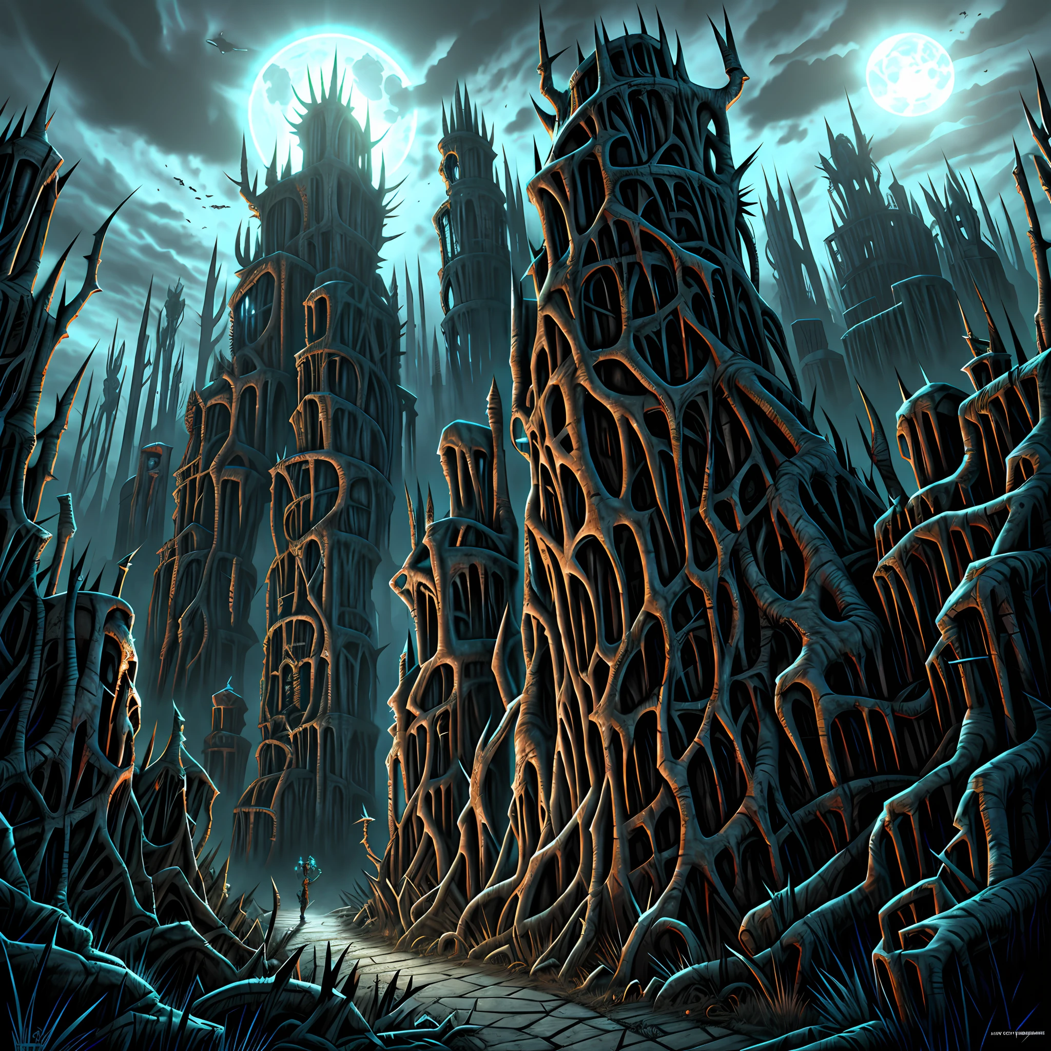 horror art landscape, complex biomechanicals monuments, totems of evil creatures, dark valley, biomorphic beings from the 4th dimension, spiked walls, madness, thorns, artstation, uhd, unreal engine, line art drawing style.