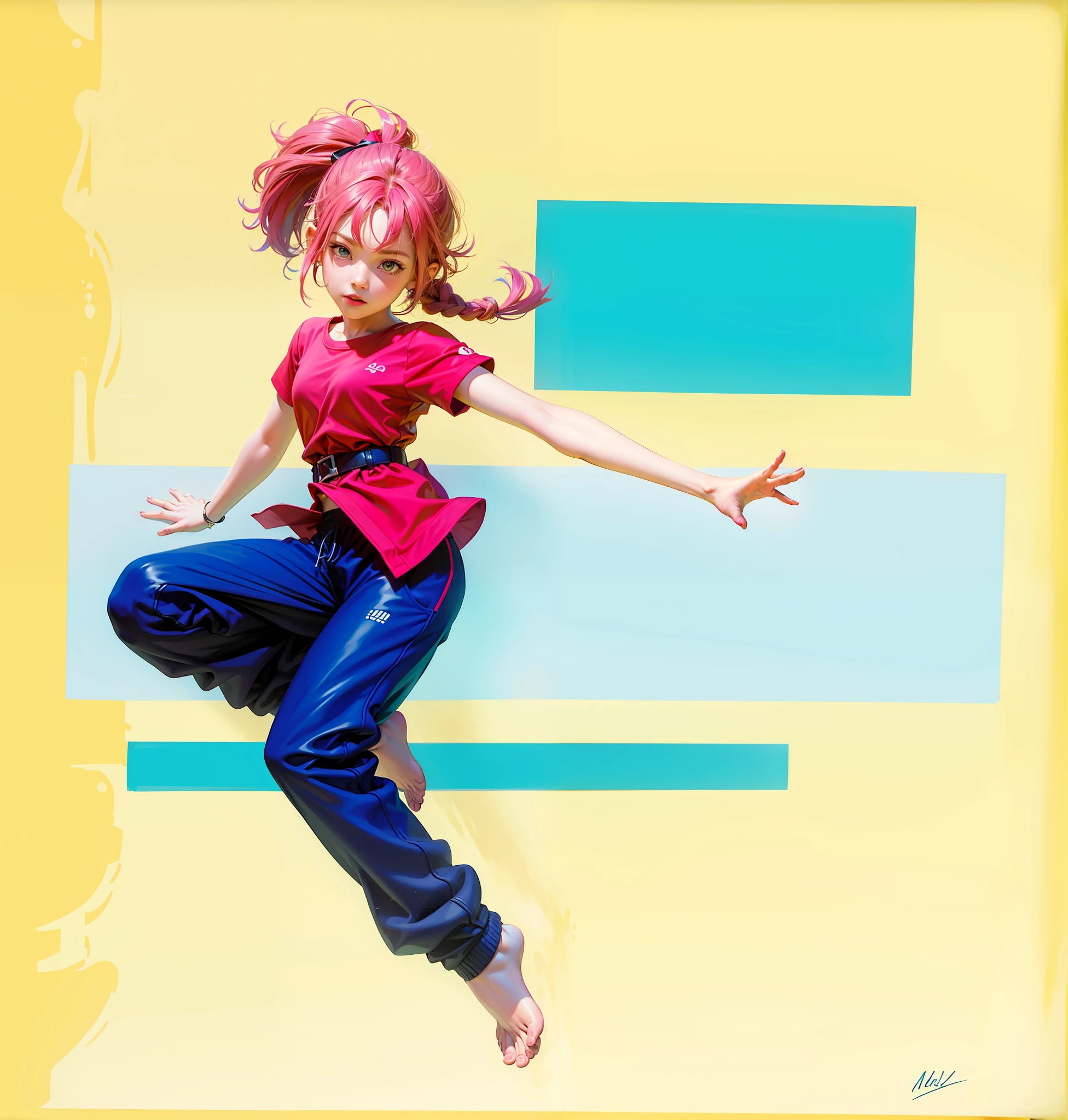 dark sweatpants, pink hair, barefoot,