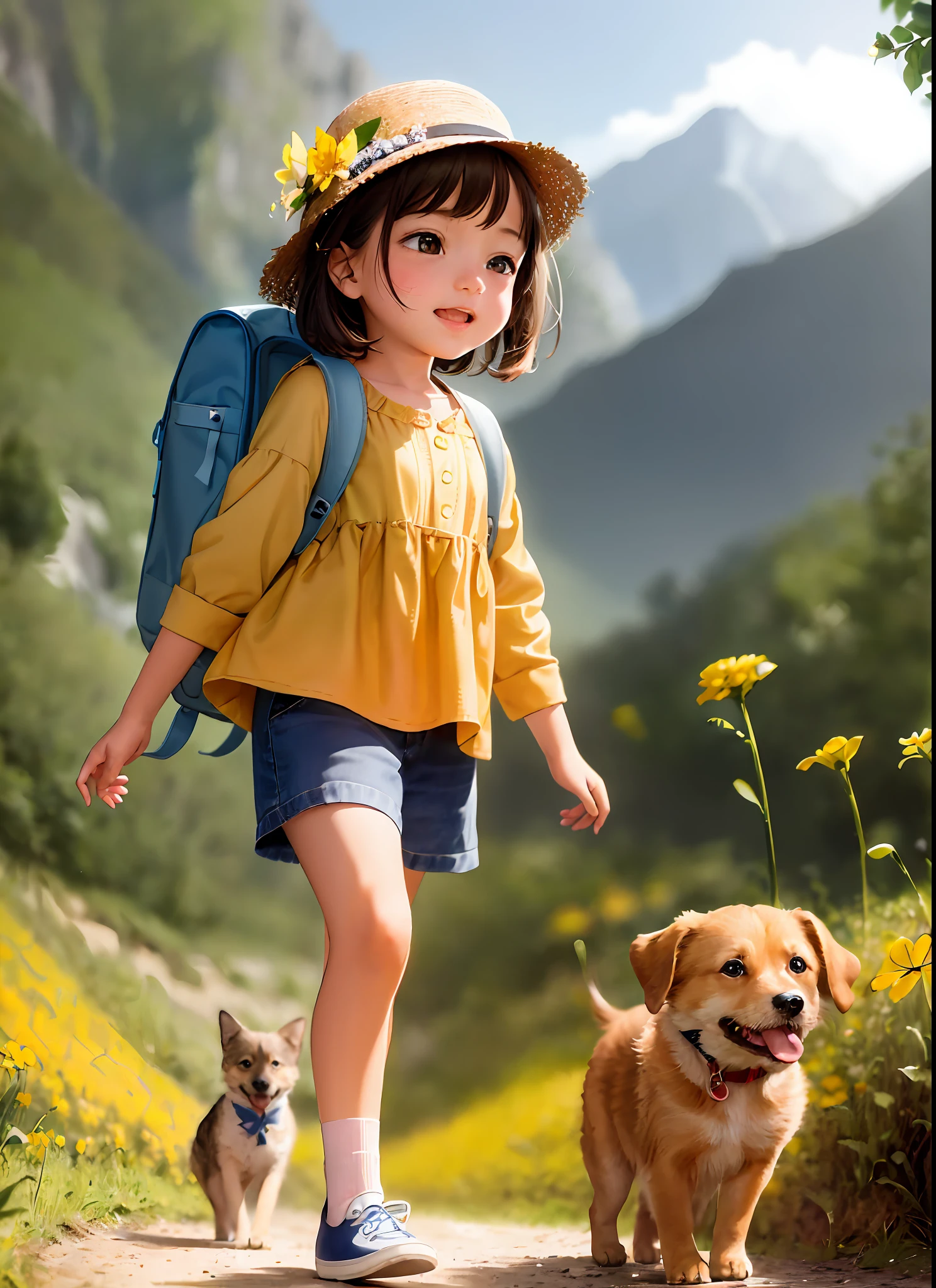 A charming little girl with a backpack is enjoying a lovely spring outing with her adorable puppy, surrounded by beautiful yellow flowers and nature. The illustration is a high definition illustration in 4K resolution, with very detailed facial features and cartoon-style visuals, (butterfly dance)
