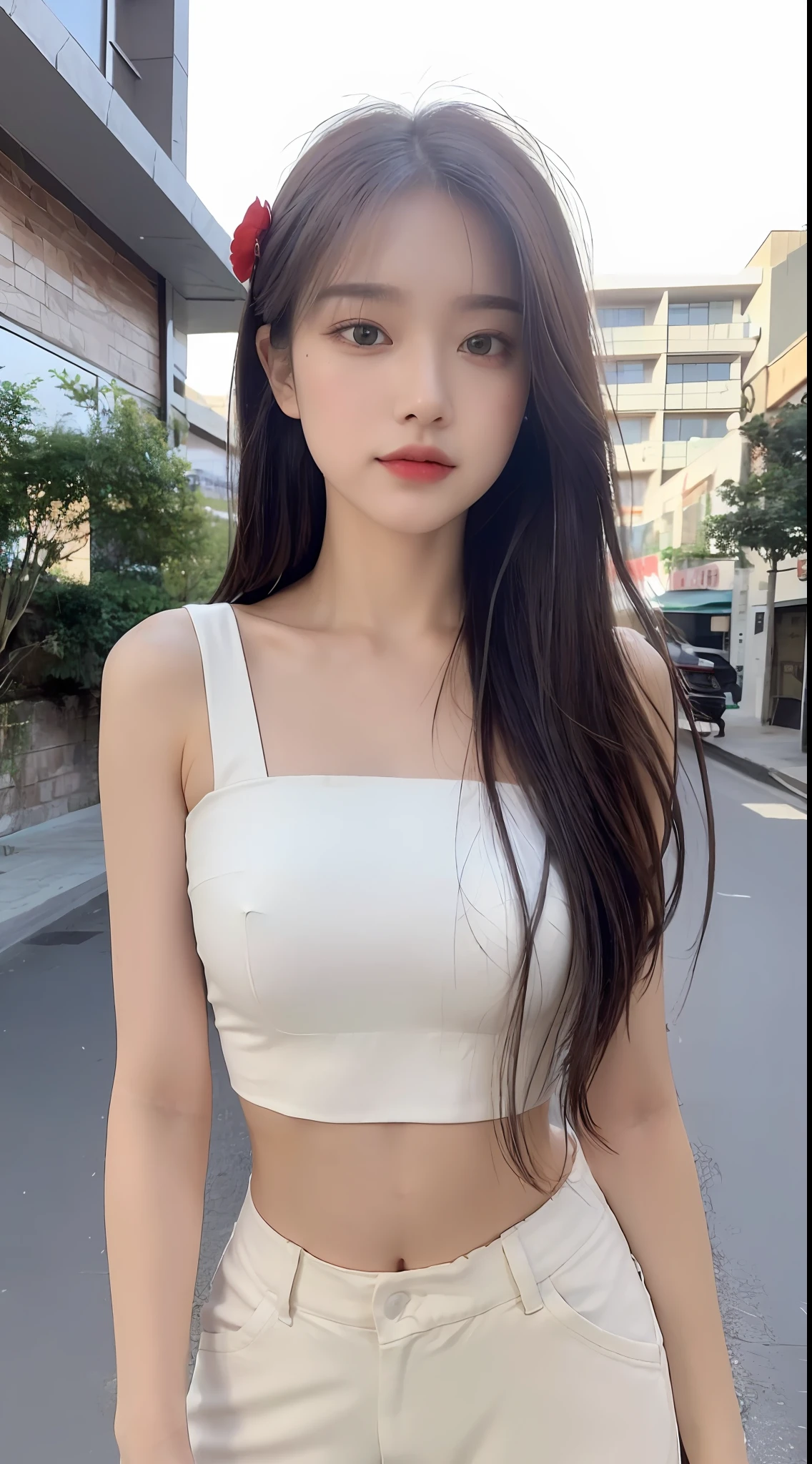 ((Best Quality, 8K, Masterpiece: 1.3)), (Flower Cap: 1.3), Focus: 1.2, Perfect Body Beauty: 1.4, Buttocks: 1.2, (Layered Haircut: 1.2)), (Dark Street: 1.3), Highly Detailed Face and Skin Texture, Full Body, Delicate Eyes, Double Eyelids, Whitened Skin, Long Hair, (Round Face: 1.5), (Loose Crop Top, Shorts: 1.6)