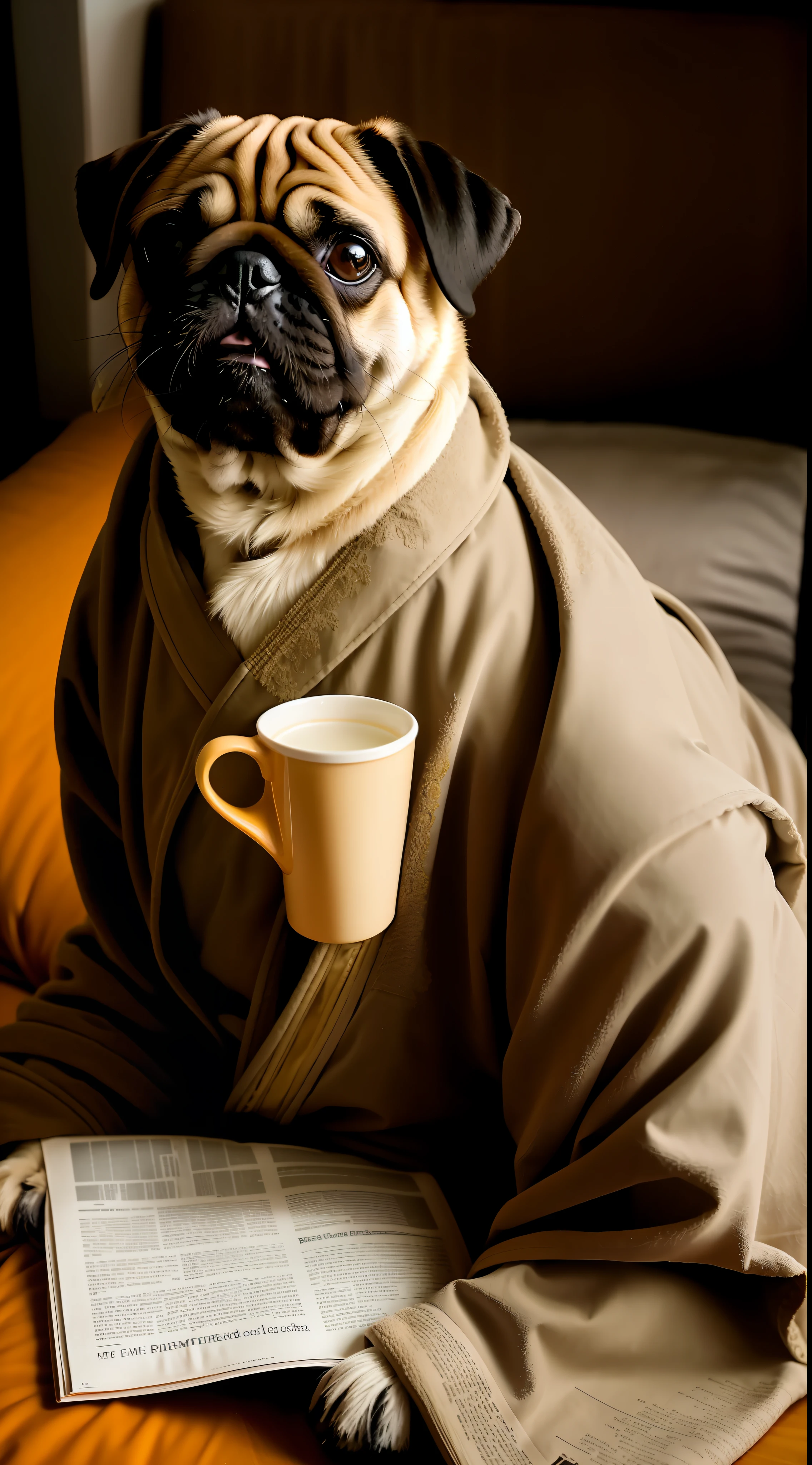 anthropomorphic pug dog, in a robe, eating breakfast and reading the newspaper, lightroom, cinematic, hdr, raw, intricate, high quality, soothing tones, intricate details, low contrast