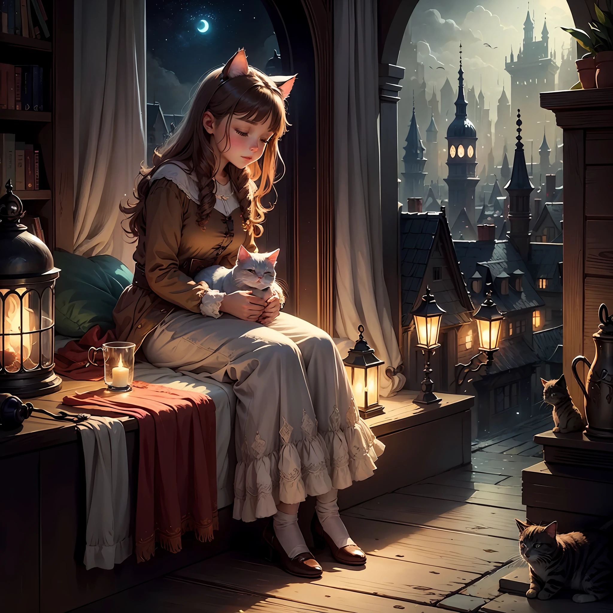 The cat brings people dreams, night, city, fairy tale atmosphere, soft colors, muted colors, as an illustration for a children's book, a fairy-tale illustration