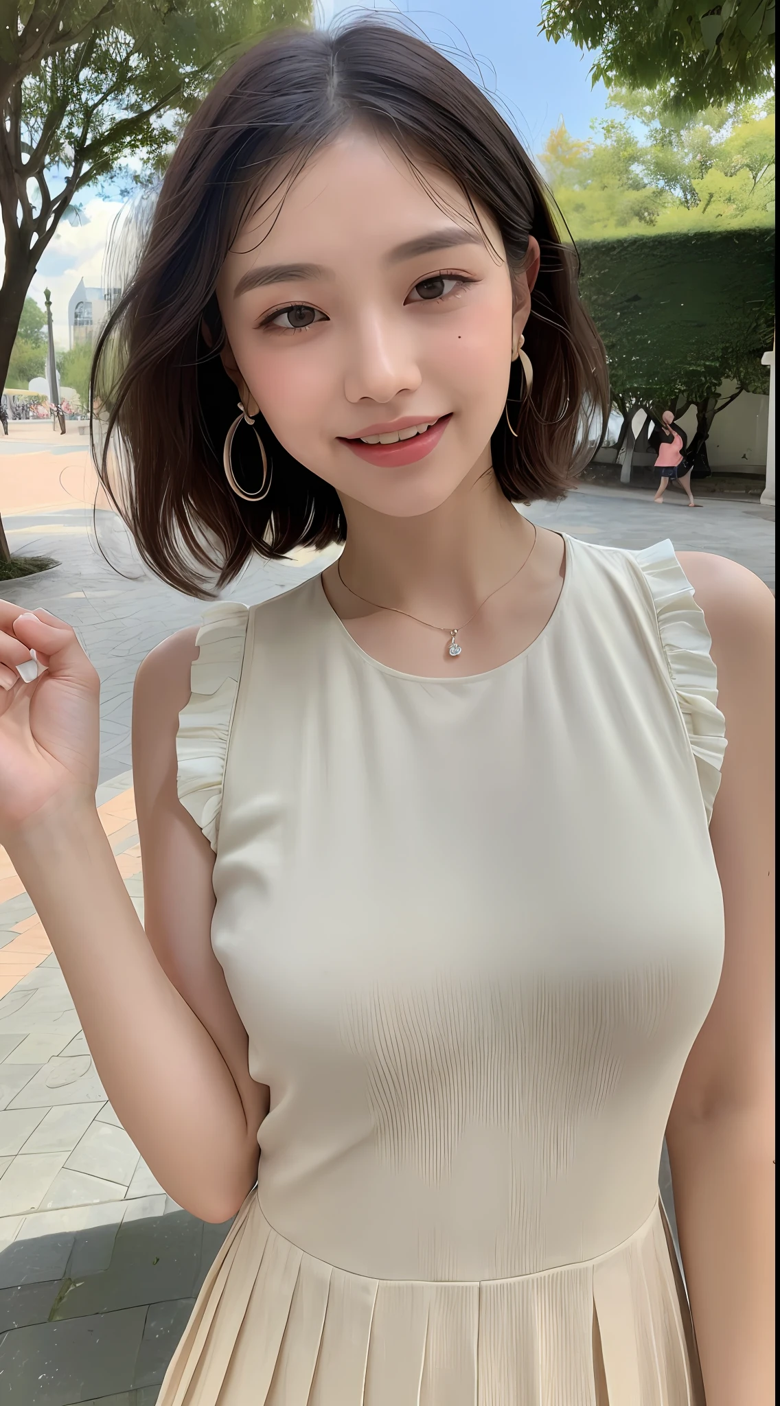 ((Best Quality, 8K, Masterpiece: 1.3, 1girl, Beautiful Girl, Ultra-detailed face and skin texture, Detailed Lips, Detailed Tongue, Dynamism)), Photorealistic, raw photo, natural lighting、( dark rust colored wavy short hair), big, toned abdomen, big round buttocks, double eyelids, dark gray eyes, moist lips, large earrings, simple necklace, moles around the eyes, (cream color sleeveless pleated dress, theme park, turn around), smile, sweaty body: 2.0, wet hair: 2.0, wide open mouth, sweat-soaked clothes, sheer