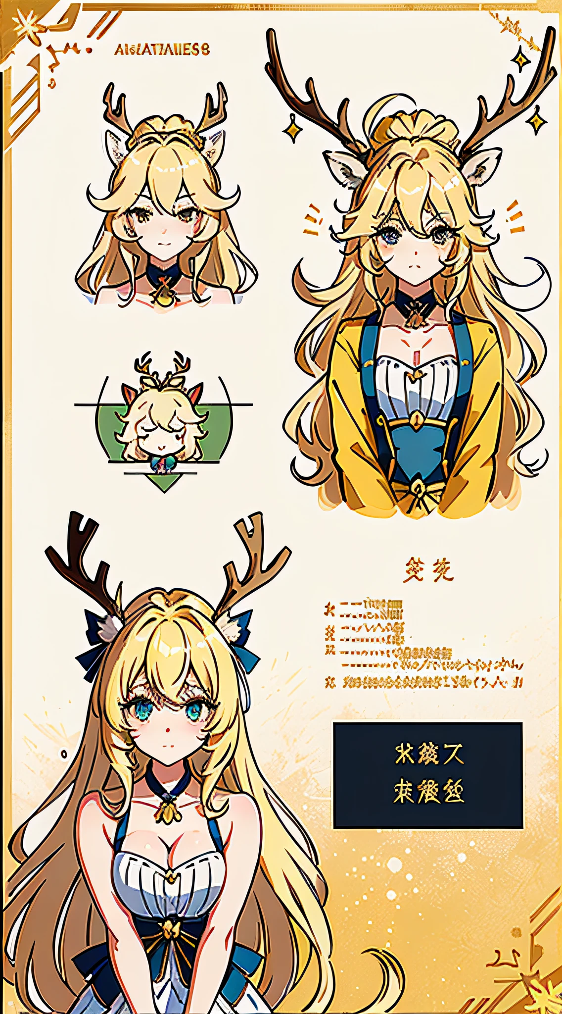 ("masterpiece", "best quality", "ultra detailed", "accurate", "anatomically correct")+(8k:1.2)+("long eyelashes", "big hair", "huge ahoge", "antlers", "blonde hair", "hair bell", "deer ears", "drop shadow", "tachi-e", "character chart")