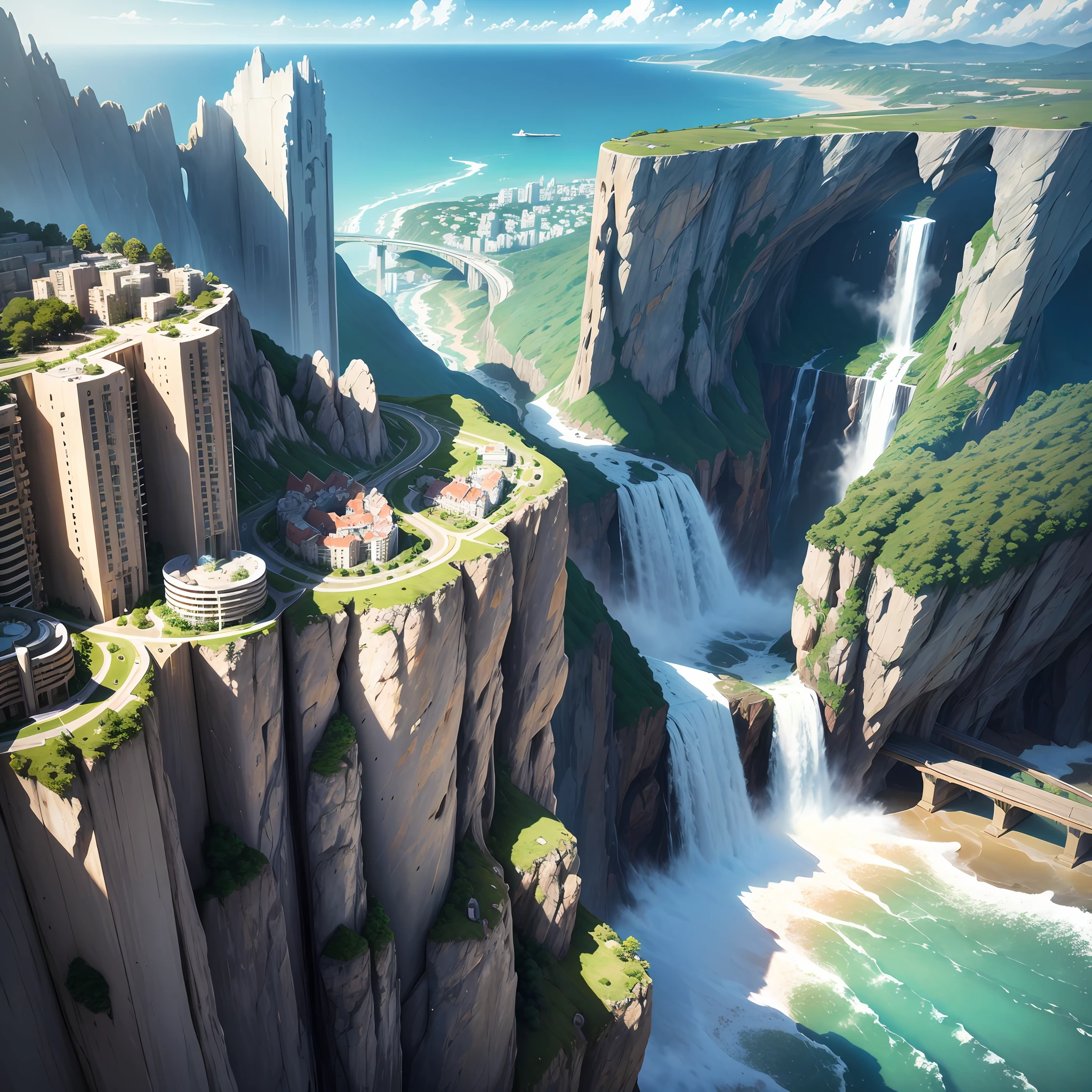 Realistic fantasy, detail, realism, computer clarity, 8kk, cliff, cliff, waterfall, sky, wind (high ultra-clarity, nature detailing), cliff edge city (ultra-high city detail), (glass high-rise buildings), streets, many people, glass bridge over the cliff, --auto --s2