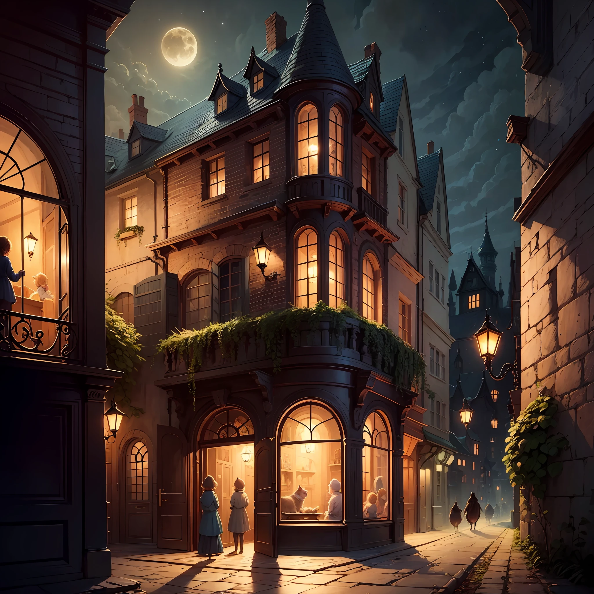 The cat brings people dreams, night, city, fairy tale atmosphere, soft colors, muted colors, as an illustration for a ren's book, a fairy-tale illustration