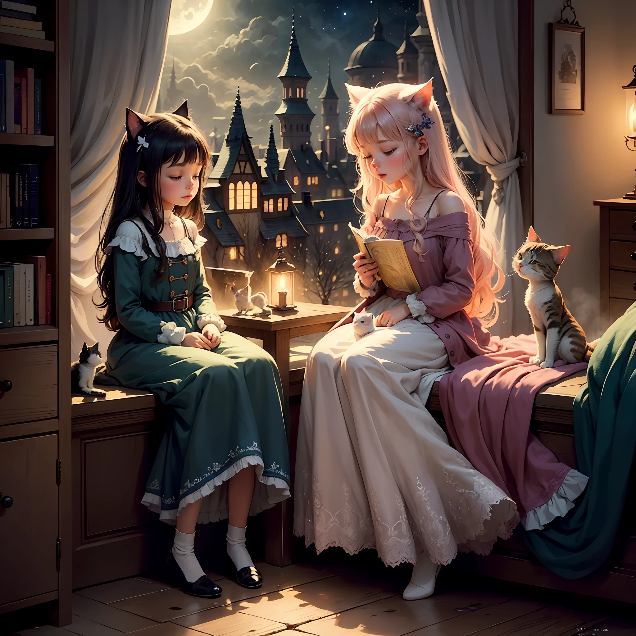 The cat brings people dreams, night, city, fairy tale atmosphere, soft colors, muted colors, as an illustration for a children's book, a fairy-tale illustration