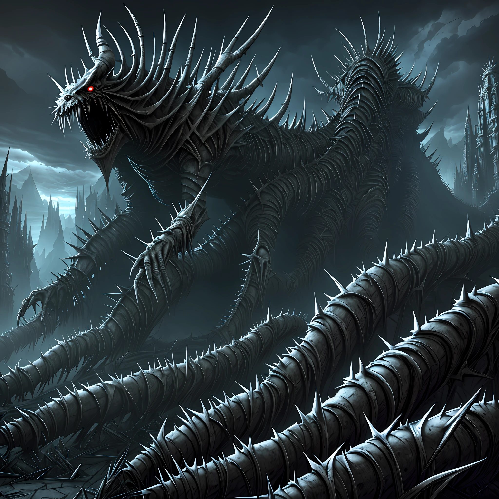 horror art landscape, complex biomechanical monuments, complex variations of evil sculptures, biomorphic buildings, dark valley, spiked walls, madness, thorns, artstation, uhd, unreal engine, line art drawing style.
