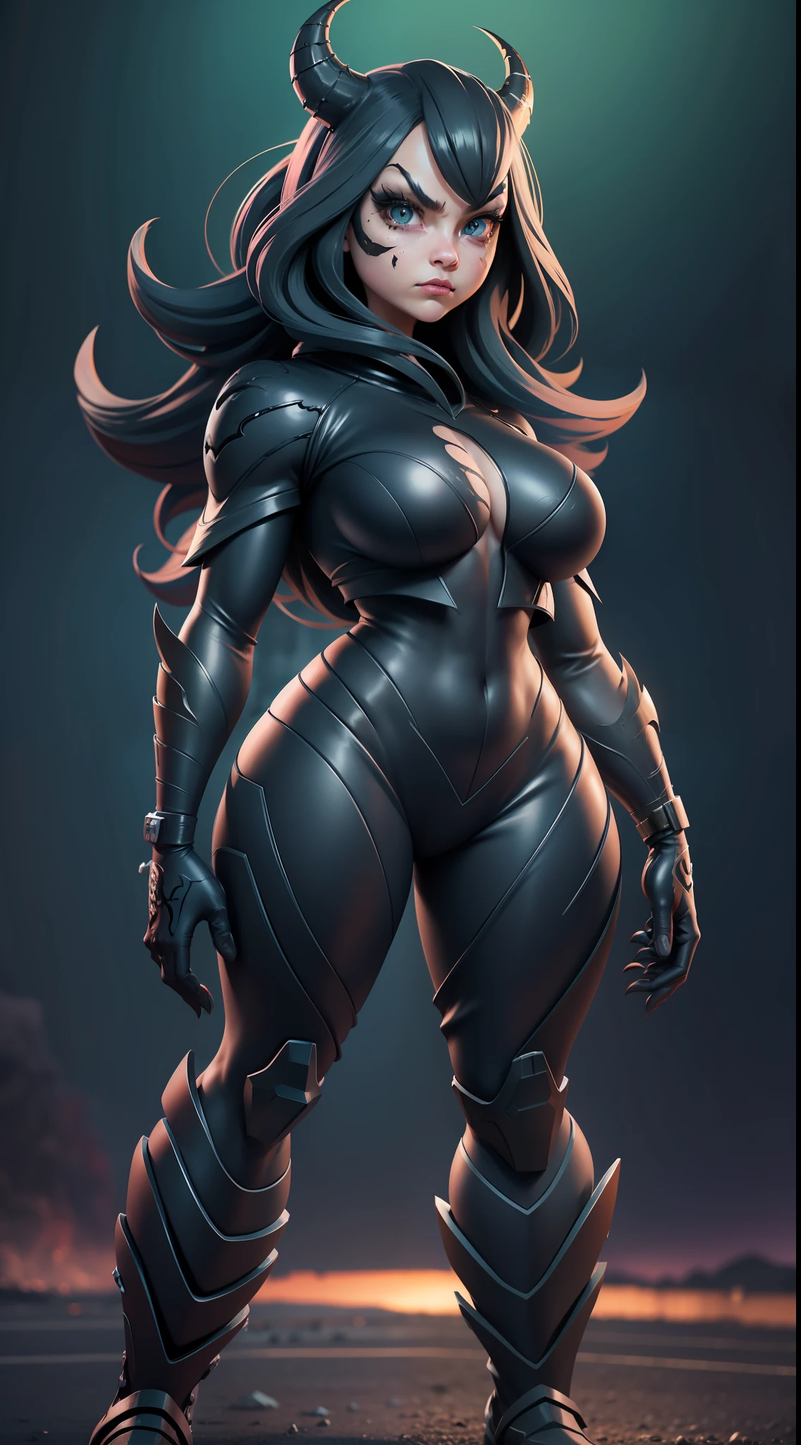 Female Venom, cute face, serious face, Venom costume, standing, post apocalytic dessert, night time, colorful background, UHD, side lighting, ultra realistic, ray tracing, full body must be shown