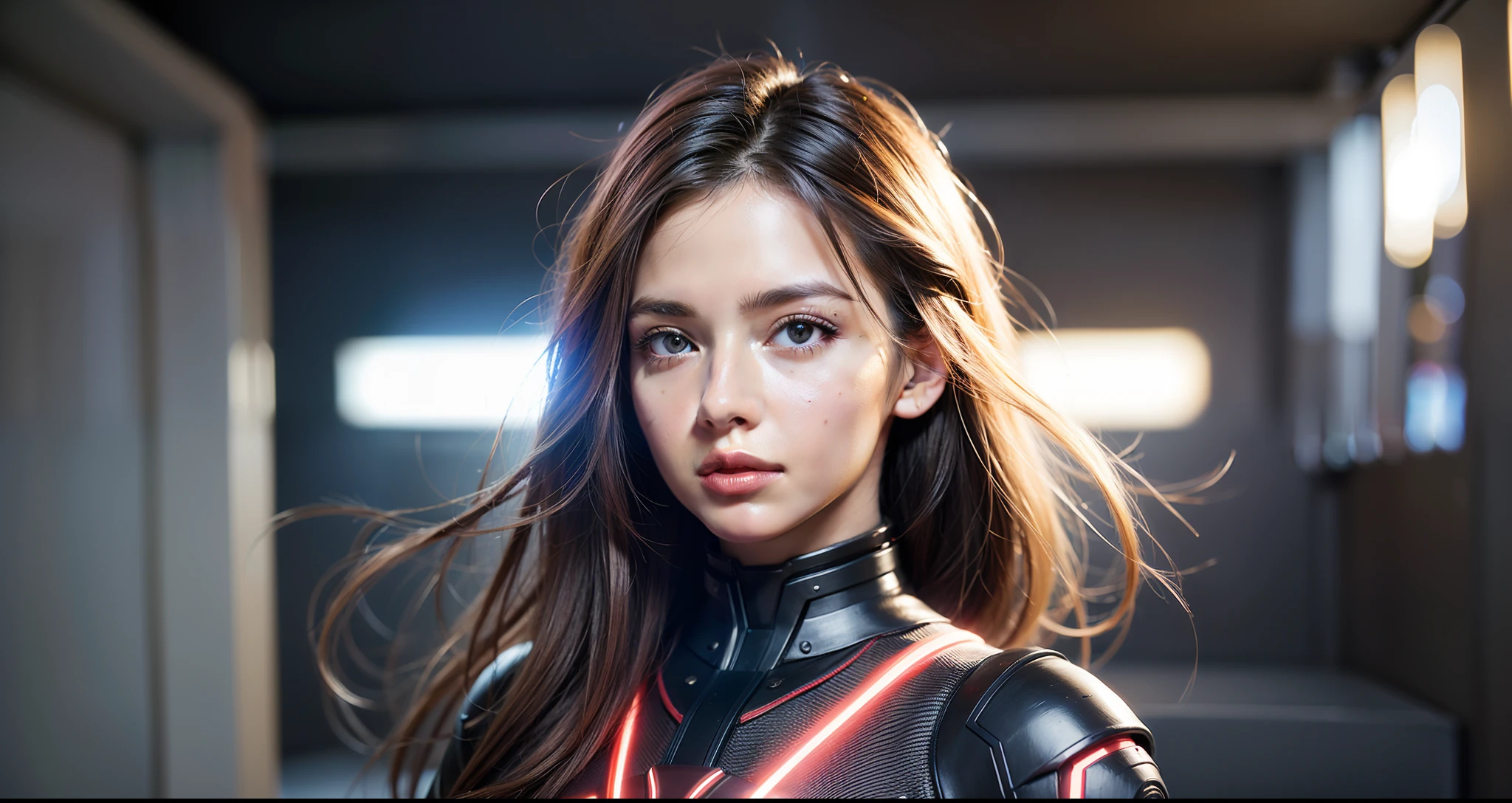 ((Character in the left corner)), woman with face of astonishment, futuristic background, great image quality, sharpness, ultra resolution, amazed girl looking to the right side