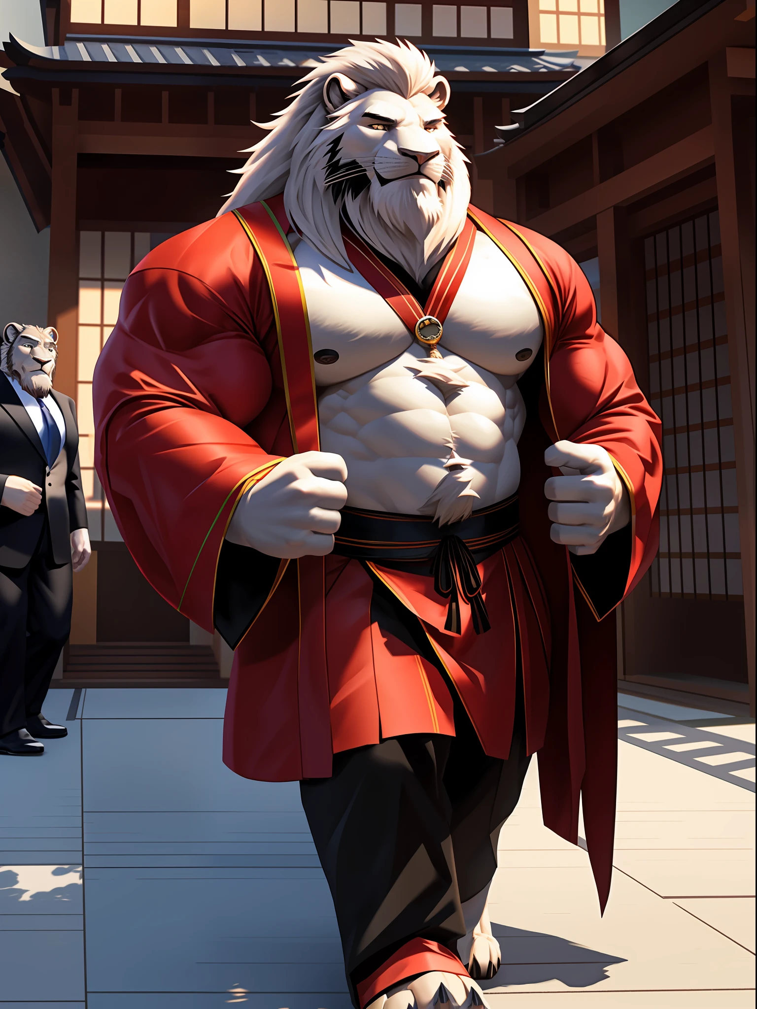 muscular man walking around in traditional japanese festivals, stands, tuxedo, black outer, furry, an anthro (white lion), an anthto, a old man muscular, facial hair, happy expression, extremely detailed muscle, detailed face, face, detailed eyes, eyes, detailed muscle, realistic rendering, CG realistic, 3d realistic, photography, background