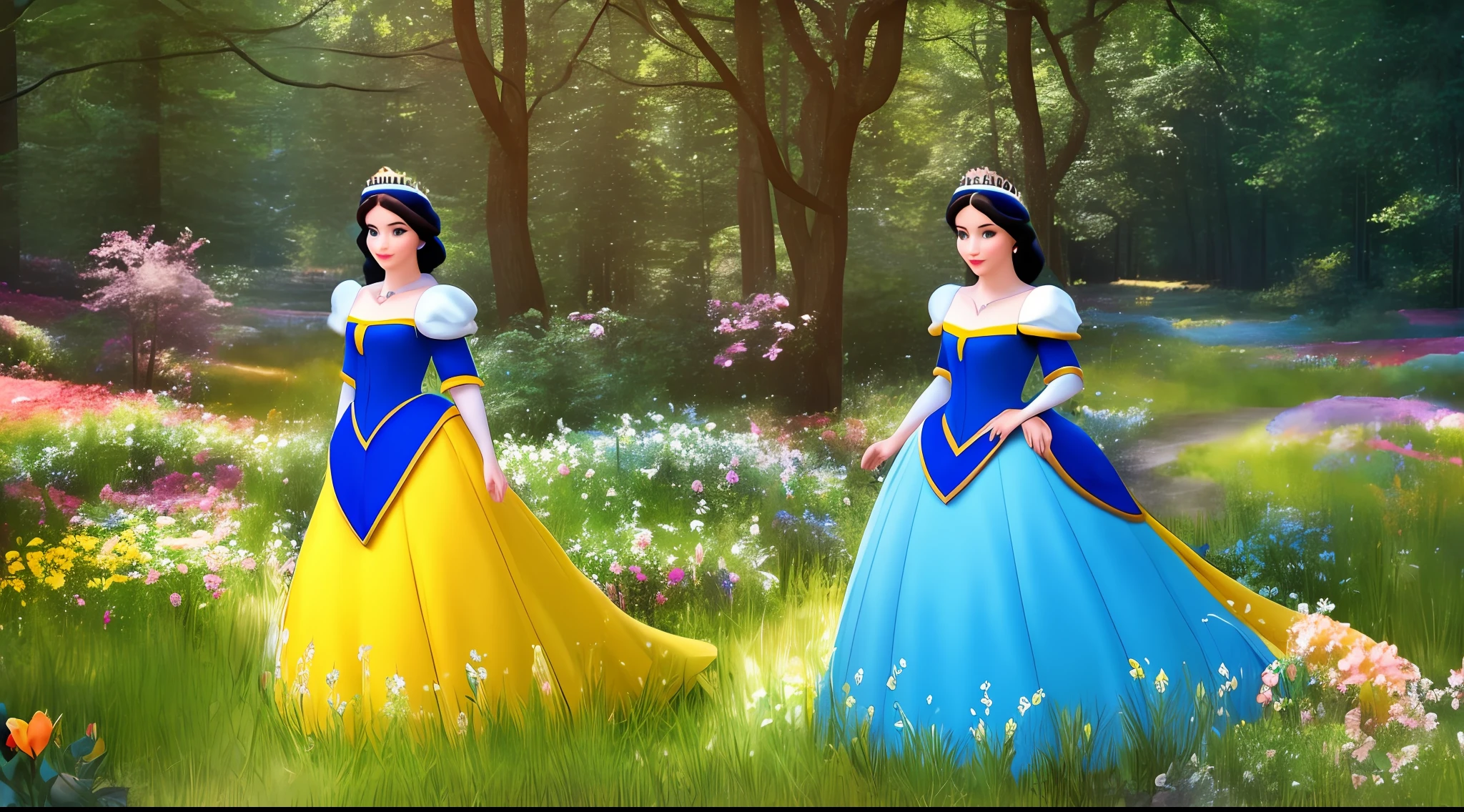 Snow White Disney Princess wearing a crown in the forest with many cute animals near her., dancing first-person view. Many flowers of various colors. A sunny day. Many flowers