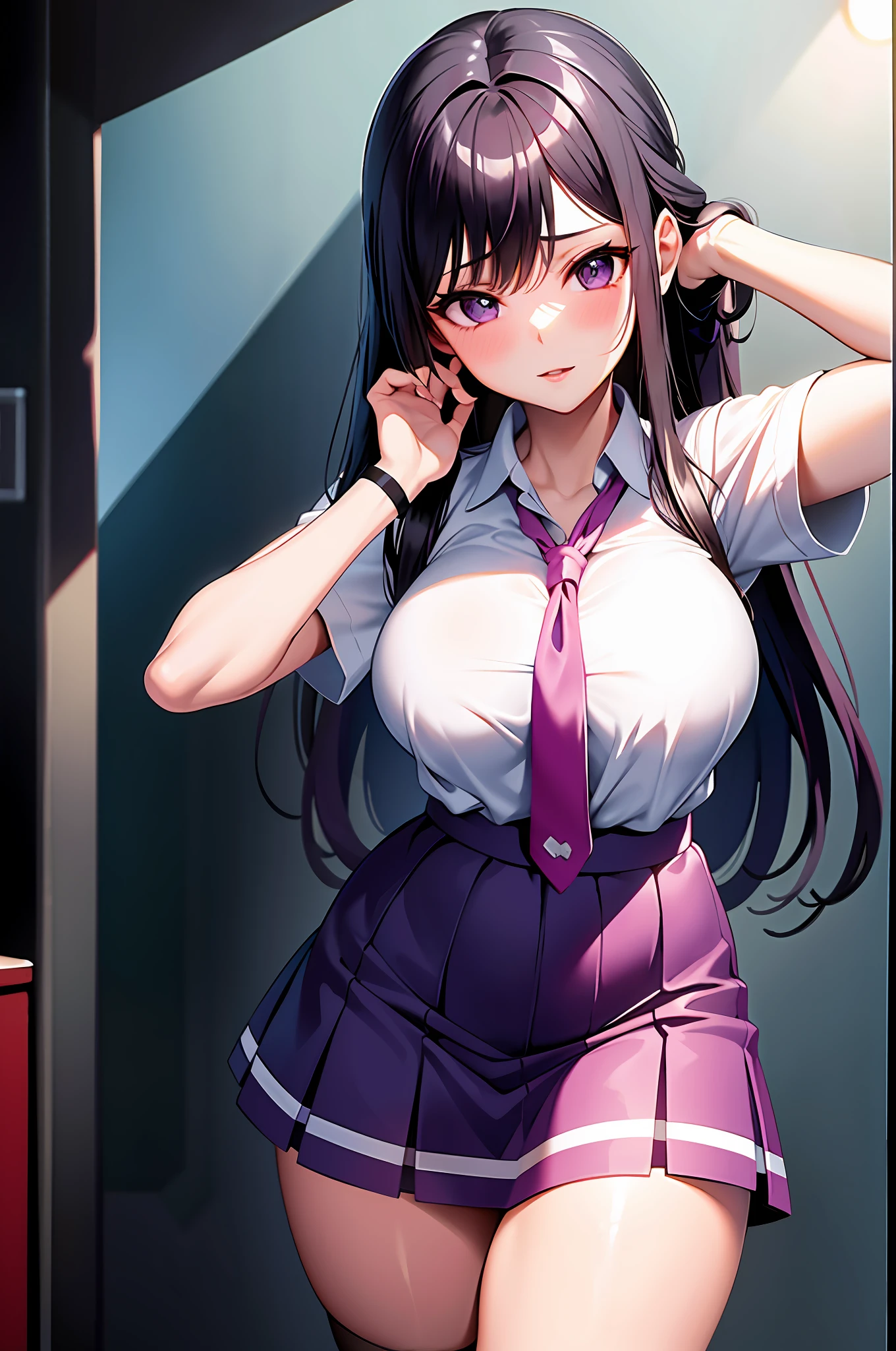 High school girl in white blouse and purple checked skirt, purple checked skirt, long black hair untied, pinched eyes, long lashes, well-styled and rather large breasts, white underwear and skirt rolled up, pose emphasizing big, naughty big, naughty thighs, naughty anime style, beautiful anime schoolgirl, surreal schoolgirl, surreal schoolgirl, seductive anime girls, realistic schoolgirls, big emphasis, naughty anime style, naughty thighs, naughty thighs, smooth anime cg art, surreal schoolgirl girls, seductive anime girls, lifelike schoolgirls, smooth anime CG art, anime girls, beautiful anime schoolgirls, beautiful anime girls, beautiful charming anime age girls, naughty anime style, photorealistic anime girl rendering, beautiful girl strangled from behind, beautiful girl strangled from behind,