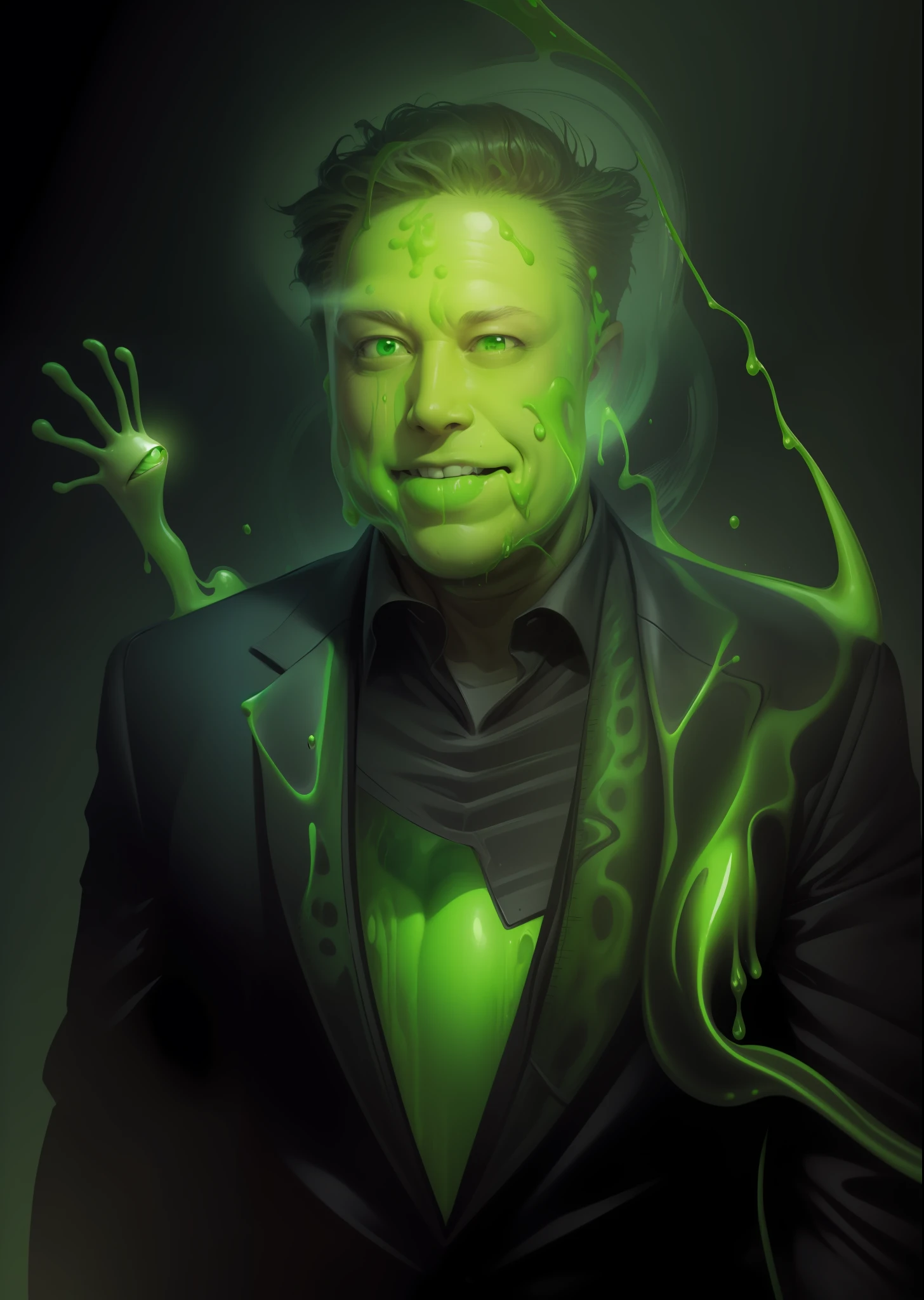 Elon Musk a green creature with a big mouth and a big smile, slimer, monster slime, green slime, gelatinous with a smile, drooling goo, slimey, cgsociety), dripping green slime, monster slimy, slimy, cartoon creature, by Patrick Brown, closeup!!!!!!, cgsociety 4k", ectoplasm, green slime everywhere