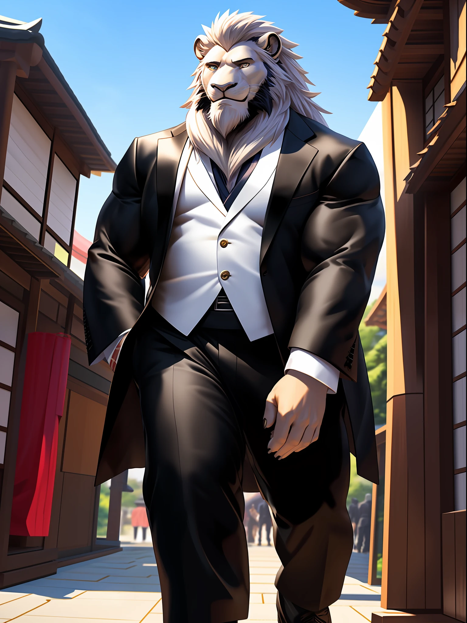 muscular man walking around in traditional japanese festivals, stands, tuxedo, black outer, furry, an anthro (white lion), an anthto, a old man muscular, facial hair, happy expression, extremely detailed muscle, detailed face, face, detailed eyes, eyes, detailed muscle, realistic rendering, CG realistic, 3d realistic, photography, background