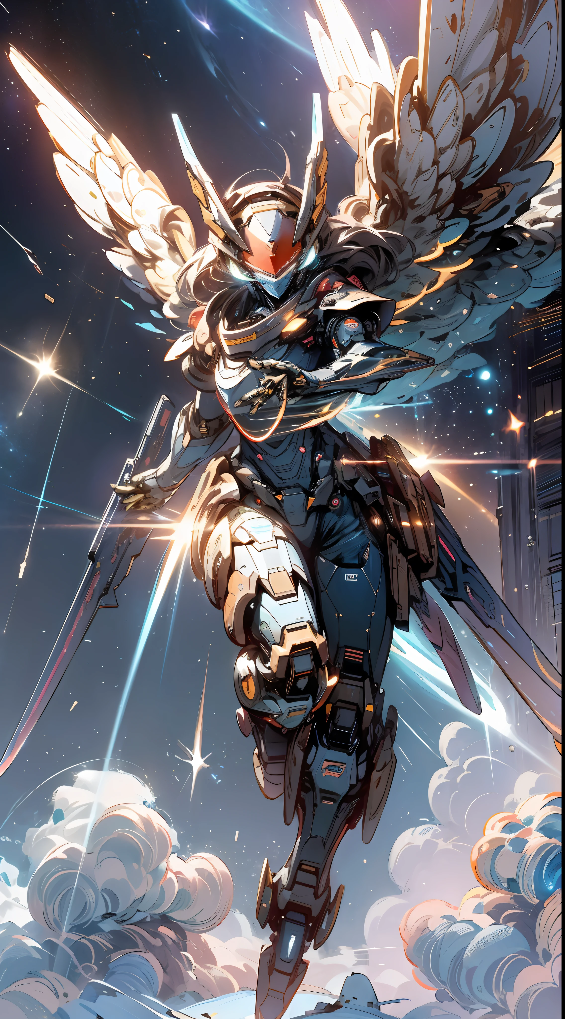 In space, huge planet, nebula, holding weapons, no humans, glowing, (female mech: 1.2), female robot, giant mechanical wings, mech wings, (flying in space: 1.3), comet fragments , glowing eyes, red mecha, science fiction, space, reality, mecha, galaxy background, neon lights, cyberpunk, HD wallpaper, CG art