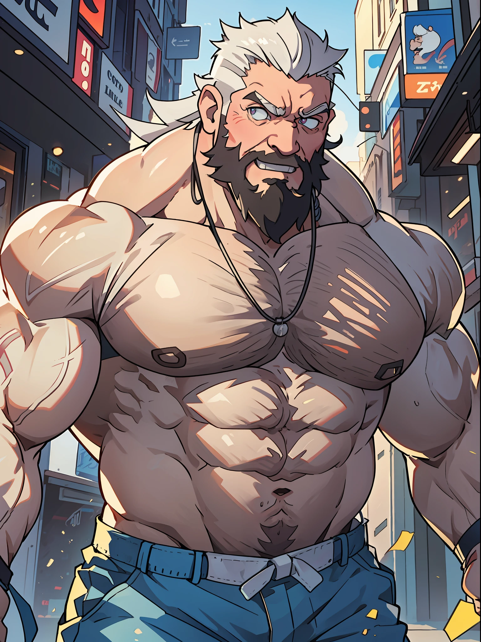 a old man big muscular, view ((full body)) happy expression, detailed face, face, detailed eyes, eyes, really big muscle, bigger muscle, very big muscular, over sized muscle, biggest muscle, big pec muscular, biggest pec muscle, detailed muscle, realistic rendering, CG realistic, 3d realistic, photography, background, white beard, city background, white hair, tank top