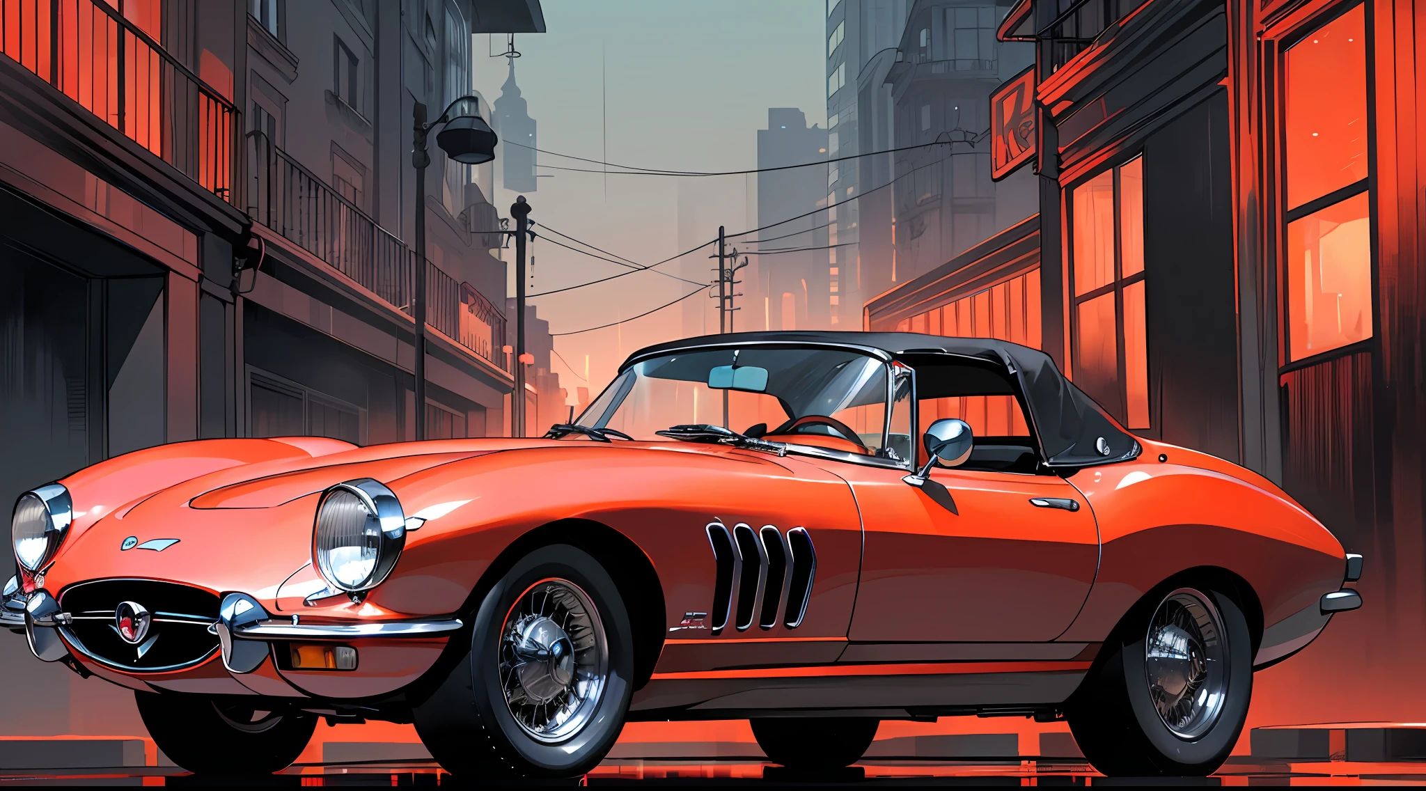 Arafed Sports car, Jaguar E - type, Jaguar E - car type, convertible, Jaguar, convertible, soft top, classic cars, 1961", real and classic look, Corvette C2 1969, exotic, 80s red sports car, city night background, (main color: red), (secondary color: gray), rain, wet ground