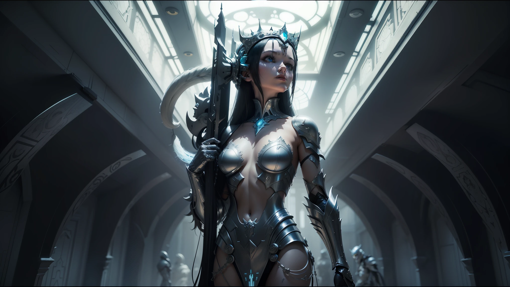 there is a woman in a costume that is standing in a room, ash thorp, intricate white armor, shamans and strange creatures, screenshot from the anime film, dollpunk, diptych, sleek metal head, by Konstantin Savitsky, by James Paick, sculpting, crowns --ar 16:9 --auto --s2