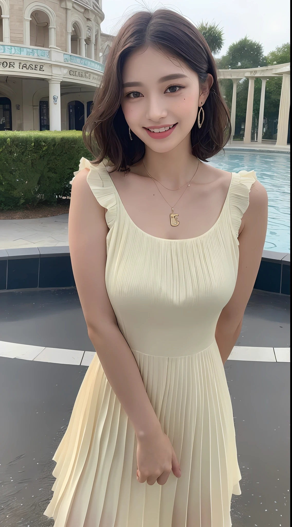 ((Best Quality, 8K, Masterpiece: 1.3, 1girl, Beautiful Girl, Ultra-detailed face and skin texture, Detailed Lips, Detailed Tongue, Dynamism)), Photorealistic, raw photo, natural lighting、( dark rust colored wavy short hair), big, toned abdomen, big round buttocks, double eyelids, dark gray eyes, moist lips, large earrings, simple necklace, moles around the eyes, (cream sleeveless pleated dress, theme park), smile, wet body: 2.0, wet hair: 2.0, wide open mouth, wet clothes, sheer